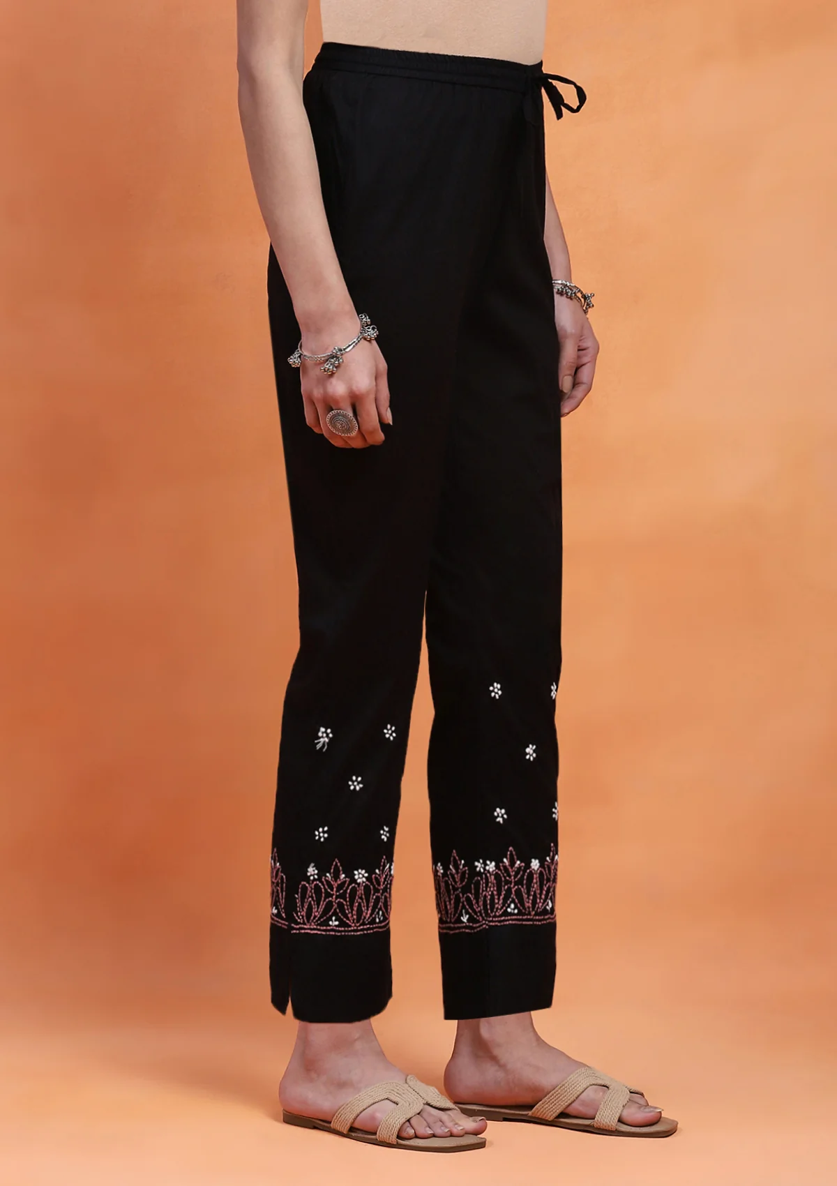 HOC Cotton Cambric Chikankari Solid Women's Pant - Black - Image 3