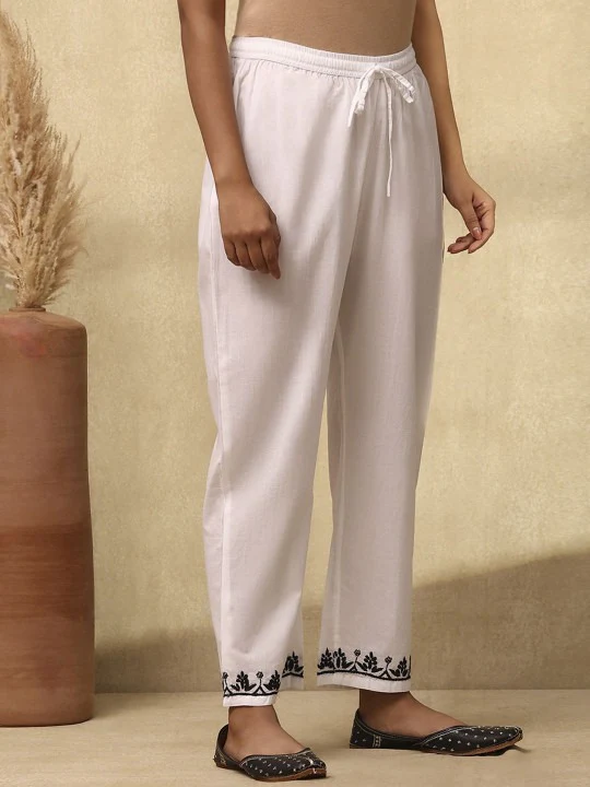 HOC Cotton Cambric Chikankari Solid Women's Pant - White - Image 3