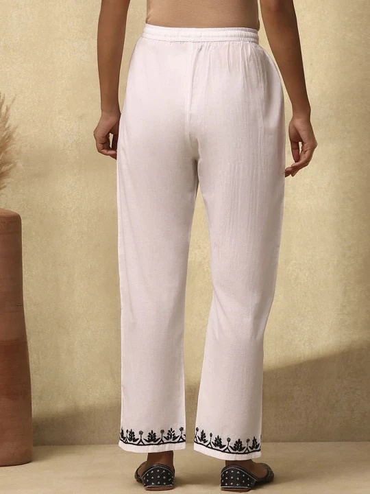 HOC Cotton Cambric Chikankari Solid Women's Pant - White - Image 4