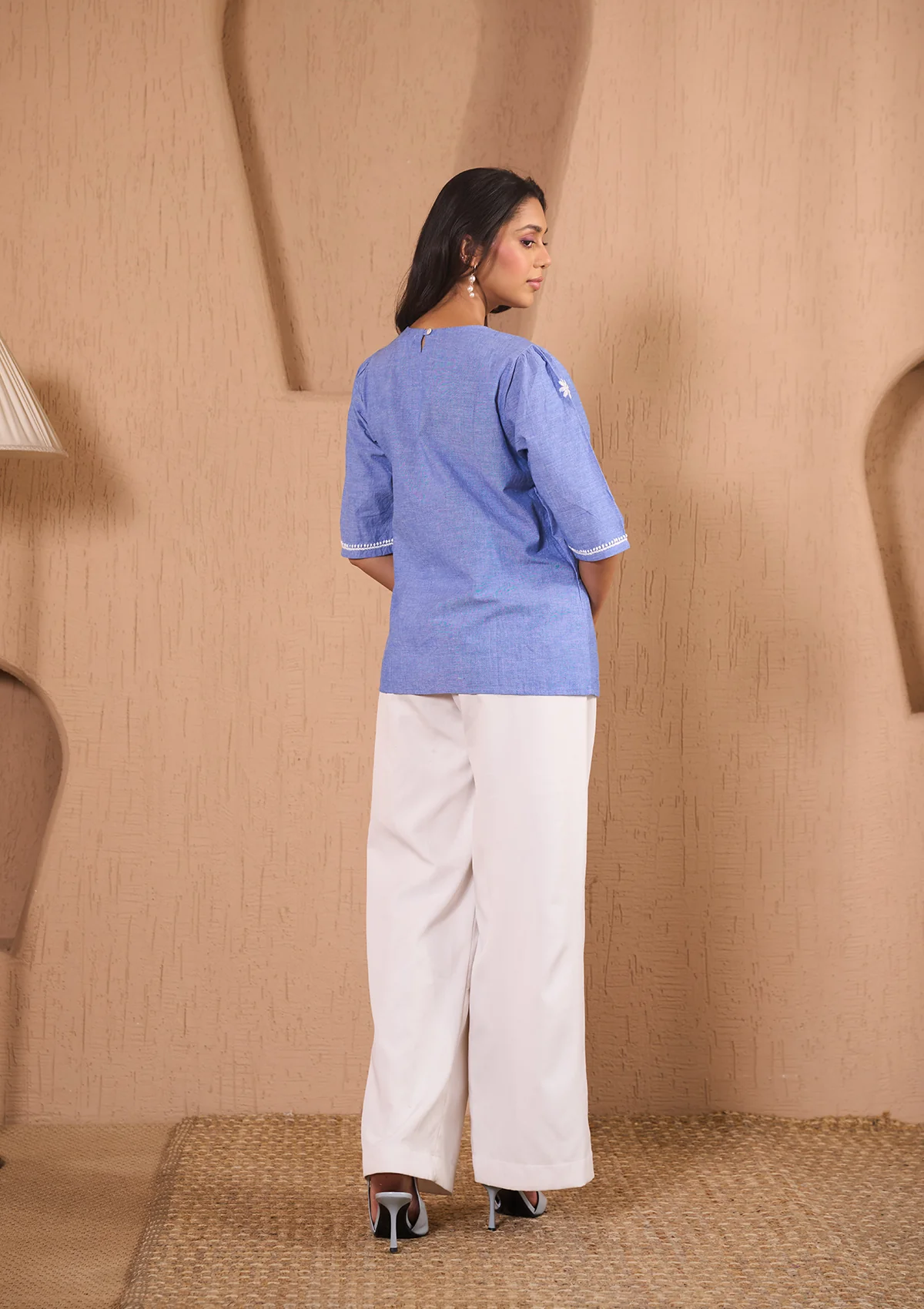 Cotton Chambray Chikankari Solid Women's Top With Ladder Lace Work -Blue - Image 5