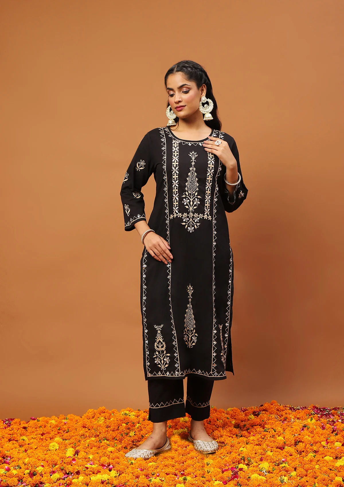 HOC Cotton Chikankari Gota Work Solid Women's 2PC Long Kurta Set -Black