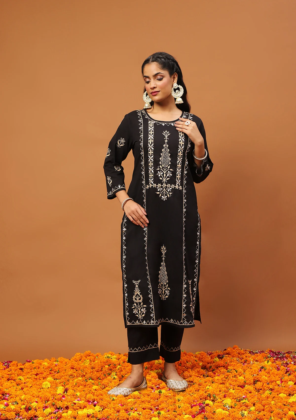 HOC Cotton Chikankari Gota Work Solid Women's 2PC Long Kurta Set -Black - Image 4