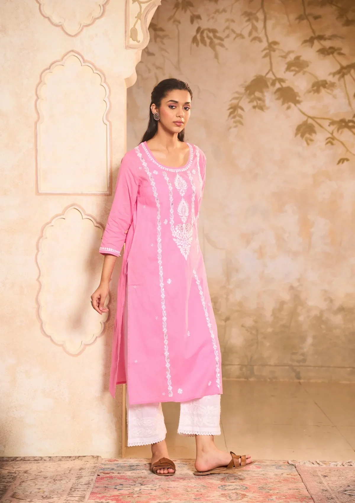 HOC Cotton Chikankari Gota Work Solid Women's Long Kurta -Pink - Image 3