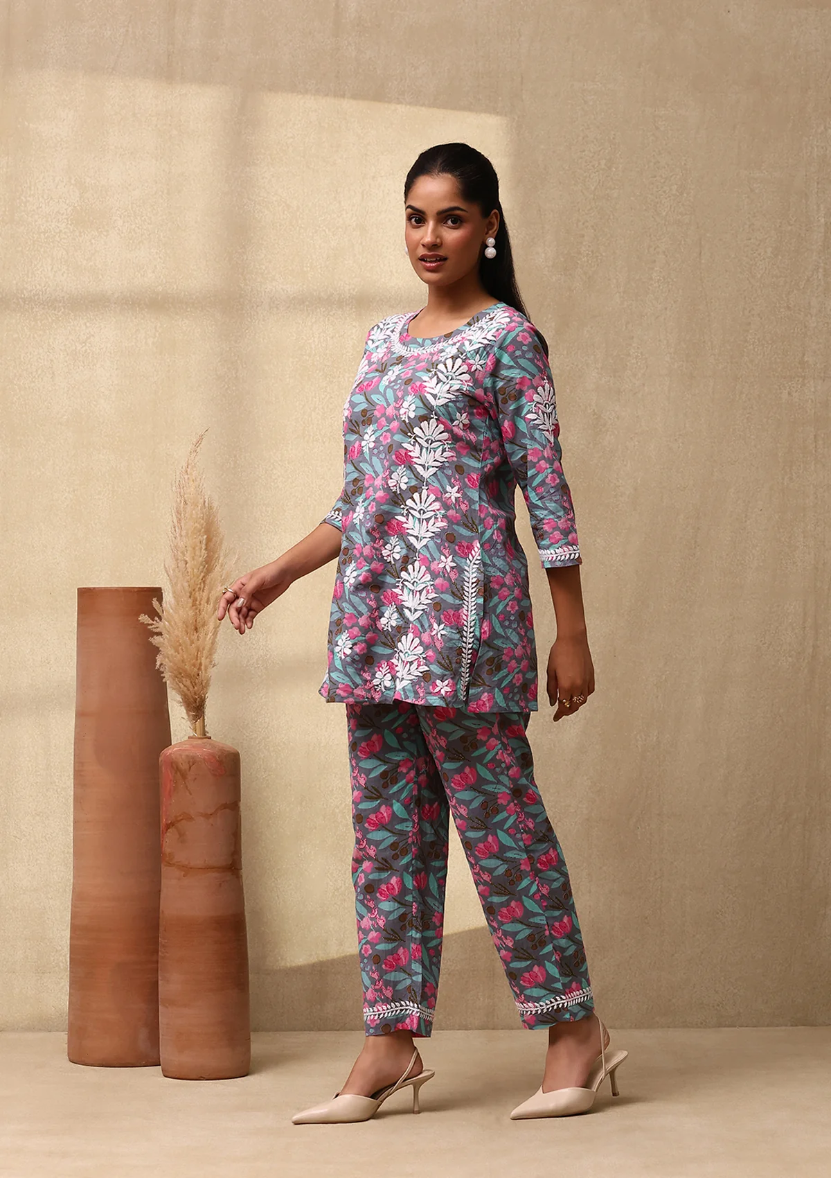 Cotton Chikankari Printed Women's 2 PC Co-ord Set - Grey - Image 4