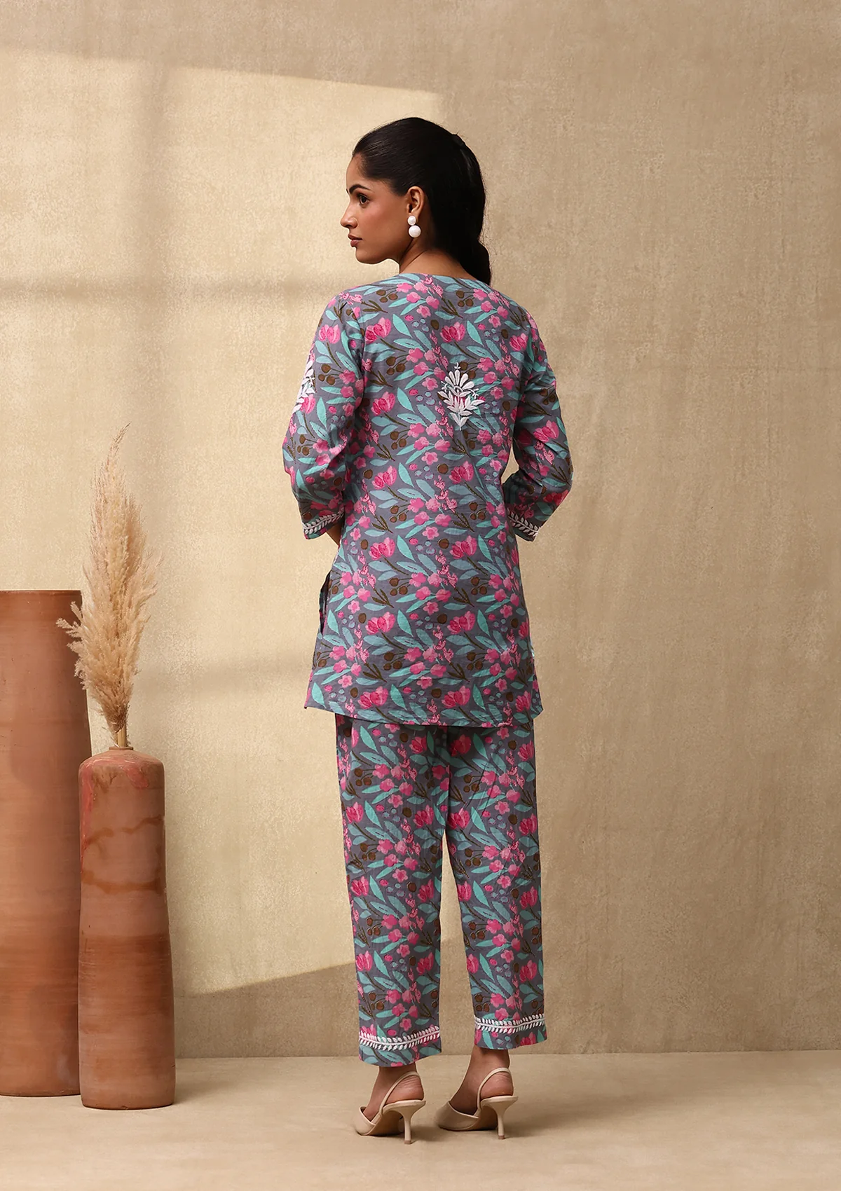 Cotton Chikankari Printed Women's 2 PC Co-ord Set - Grey - Image 8