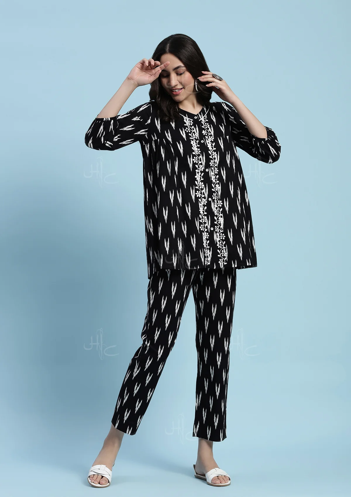 Cotton Chikankari Printed Women's 2 PC Co-ord Set - Black