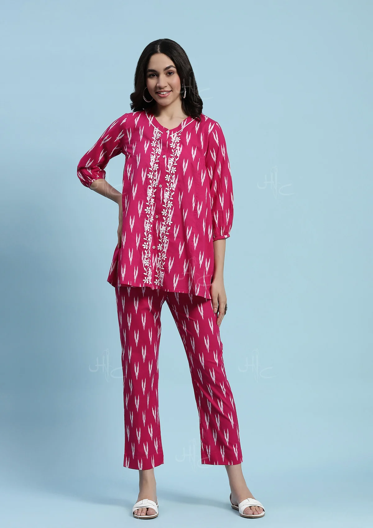 Cotton Chikankari Printed Women's 2 PC Co-ord Set - Pink