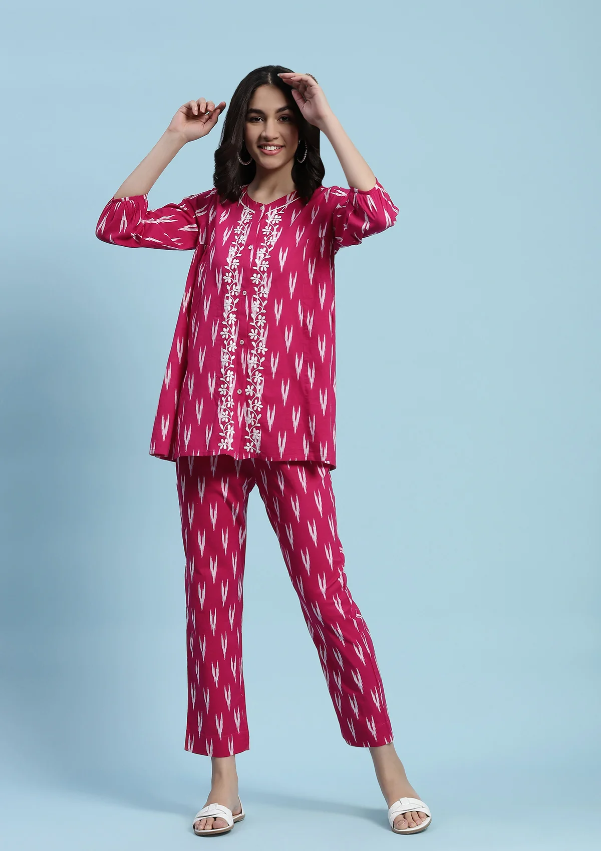 Cotton Chikankari Printed Women's 2 PC Co-ord Set - Pink - Image 4