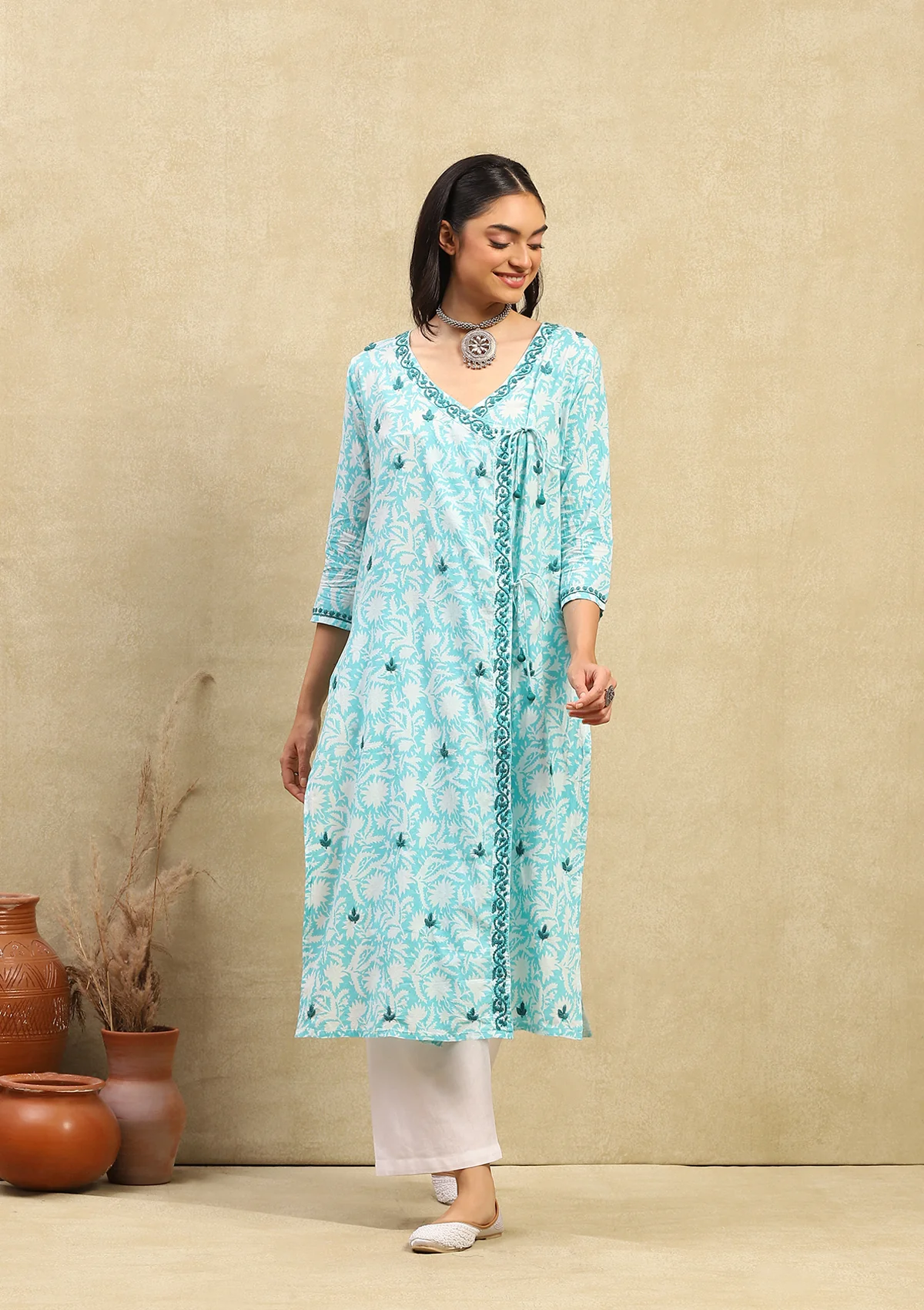 Cotton Chikankari Printed Women's Angrakha - Green
