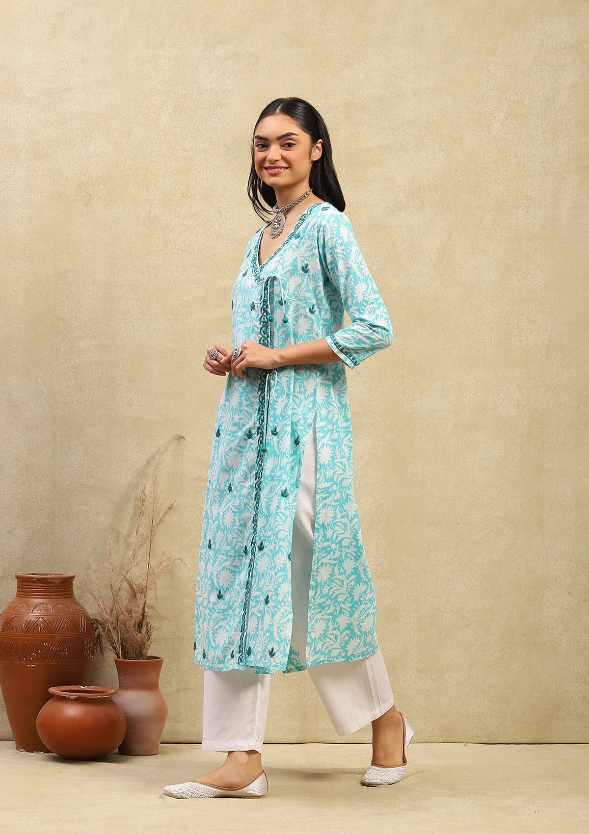 Cotton Chikankari Printed Women's Angrakha - Green - Image 4