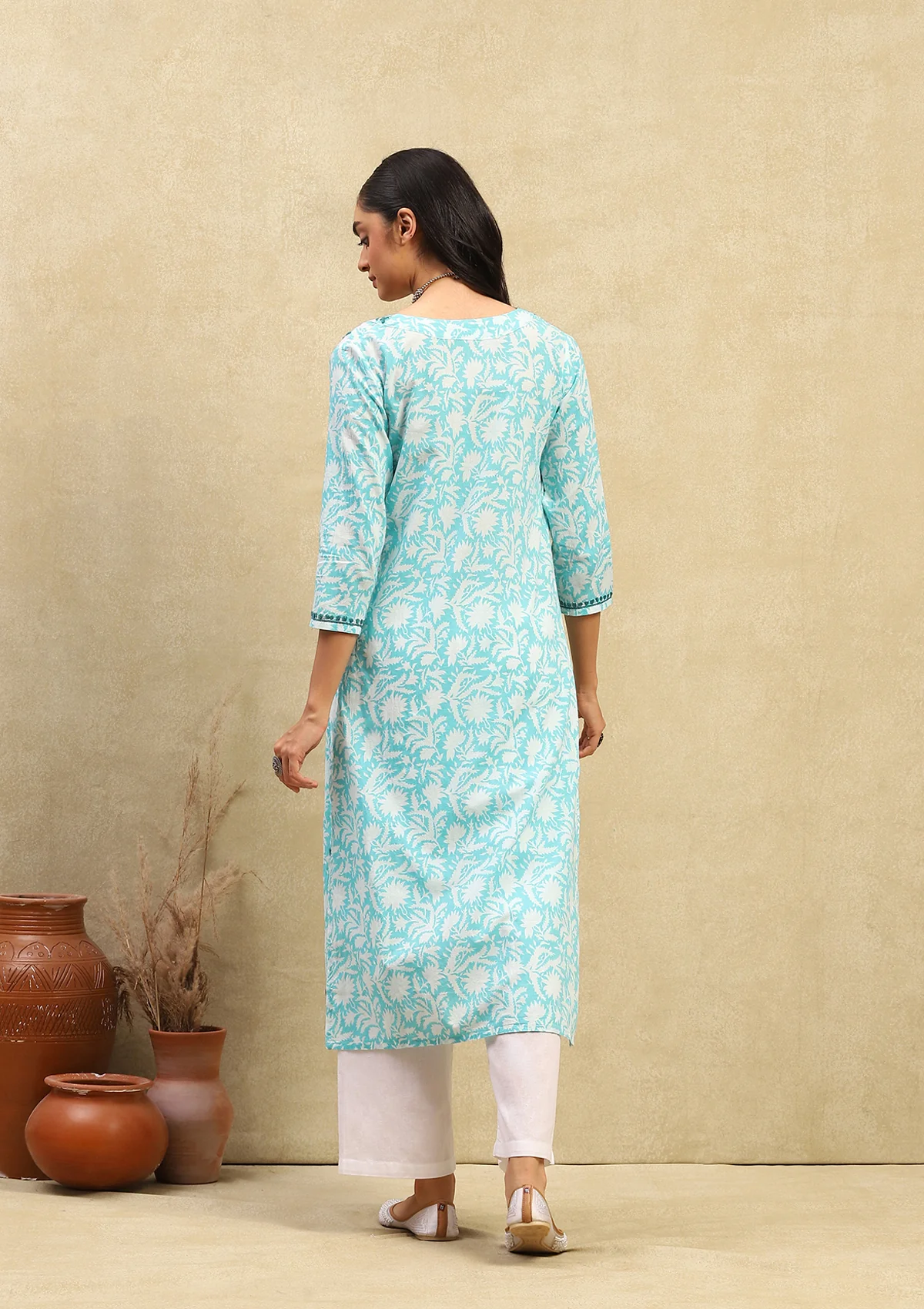 Cotton Chikankari Printed Women's Angrakha - Green - Image 6