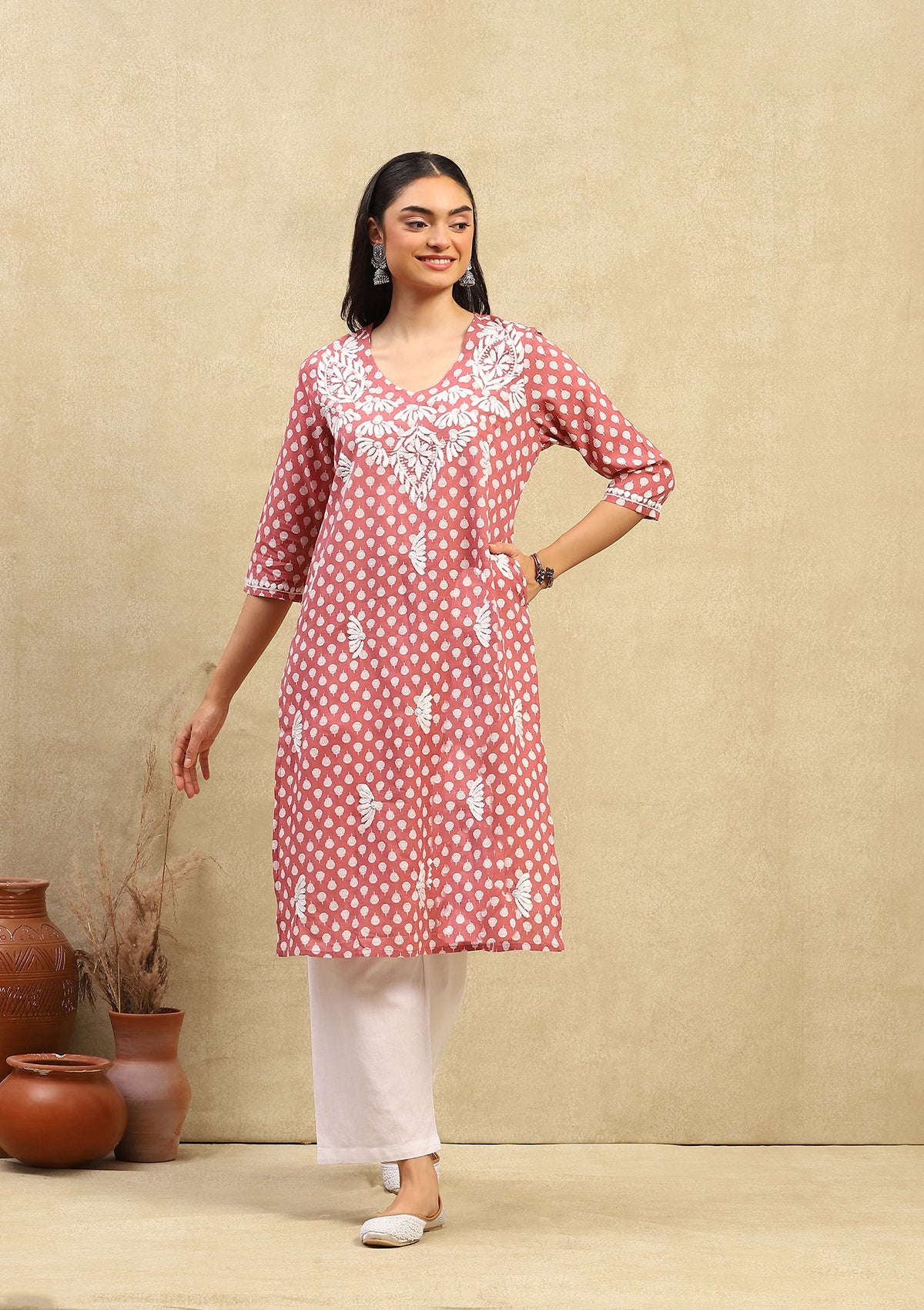 HOC Cotton Chikankari Printed Women's Long Kurta - Dust Pink - Image 4