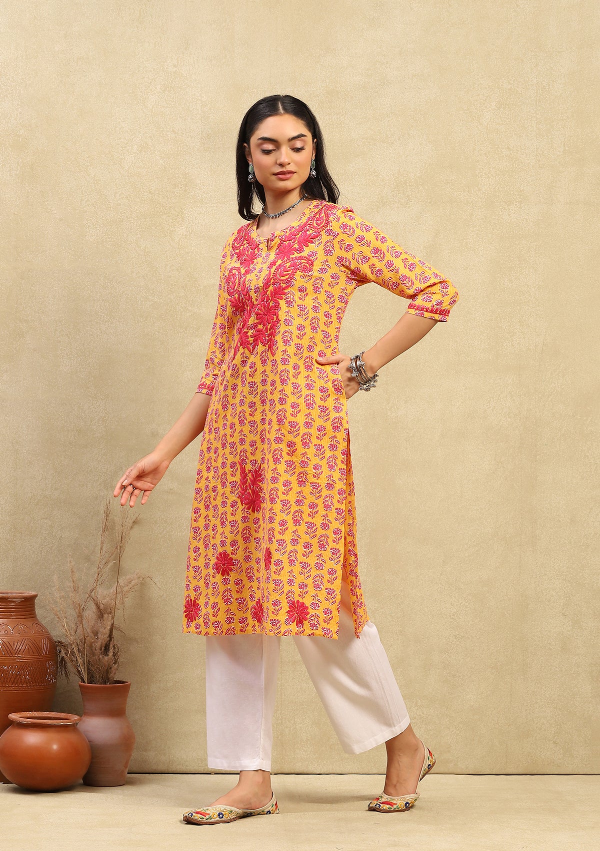 HOC Cotton Chikankari Printed Women's Long Kurta - Mustard Yellow - Image 3