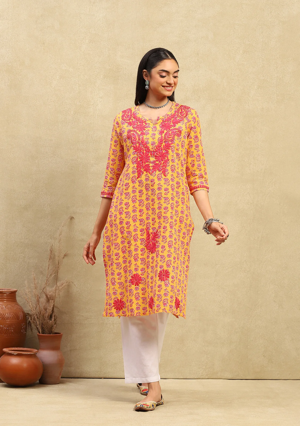 HOC Cotton Chikankari Printed Women's Long Kurta - Mustard Yellow - Image 4