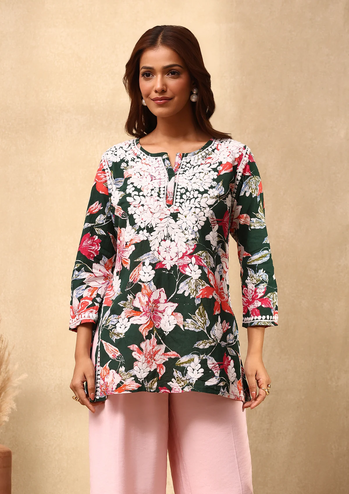 HOC Cotton Chikankari Printed Women's Short Kurta - Green