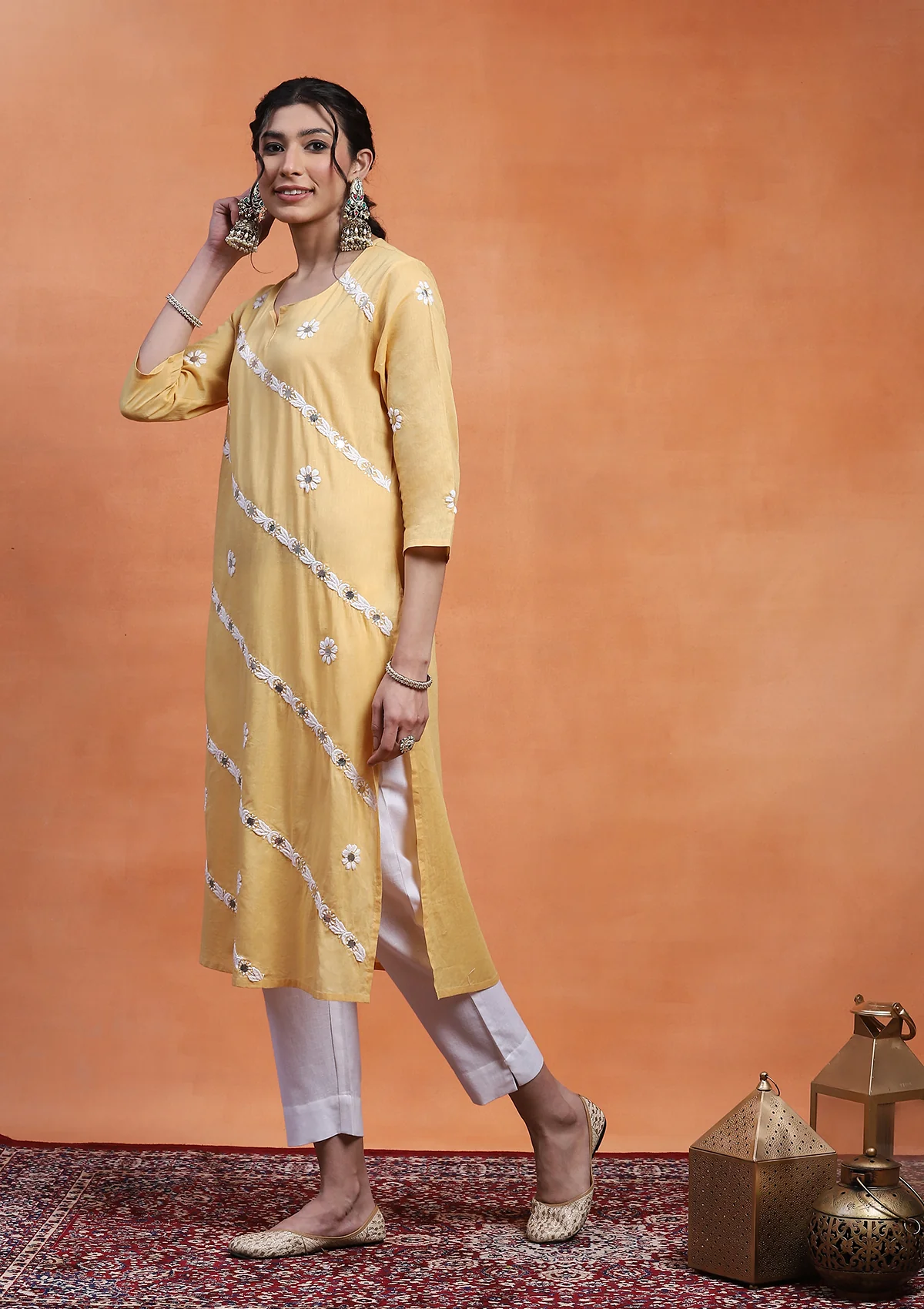 HOC Cotton Chikankari Gota Work Women's Long Kurta - Yellow - Image 5
