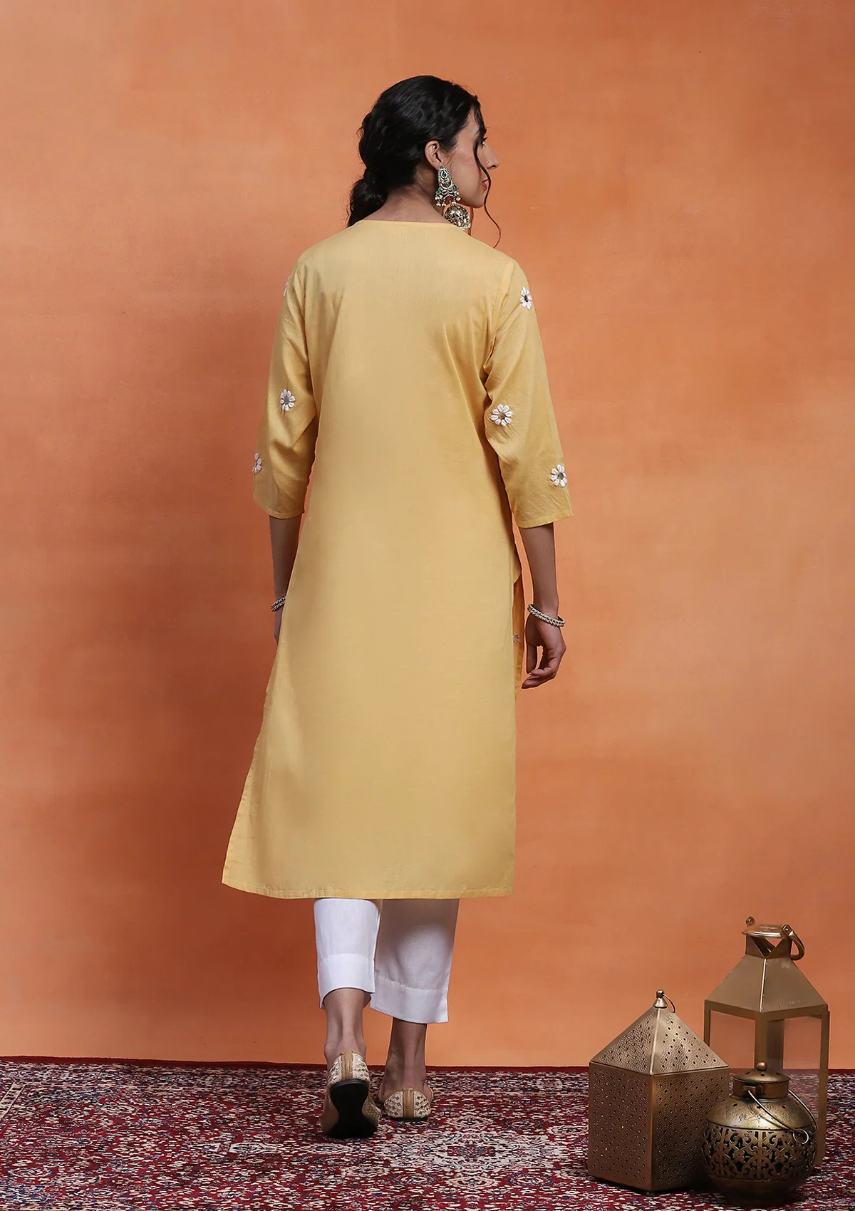 HOC Cotton Chikankari Gota Work Women's Long Kurta - Yellow - Image 6