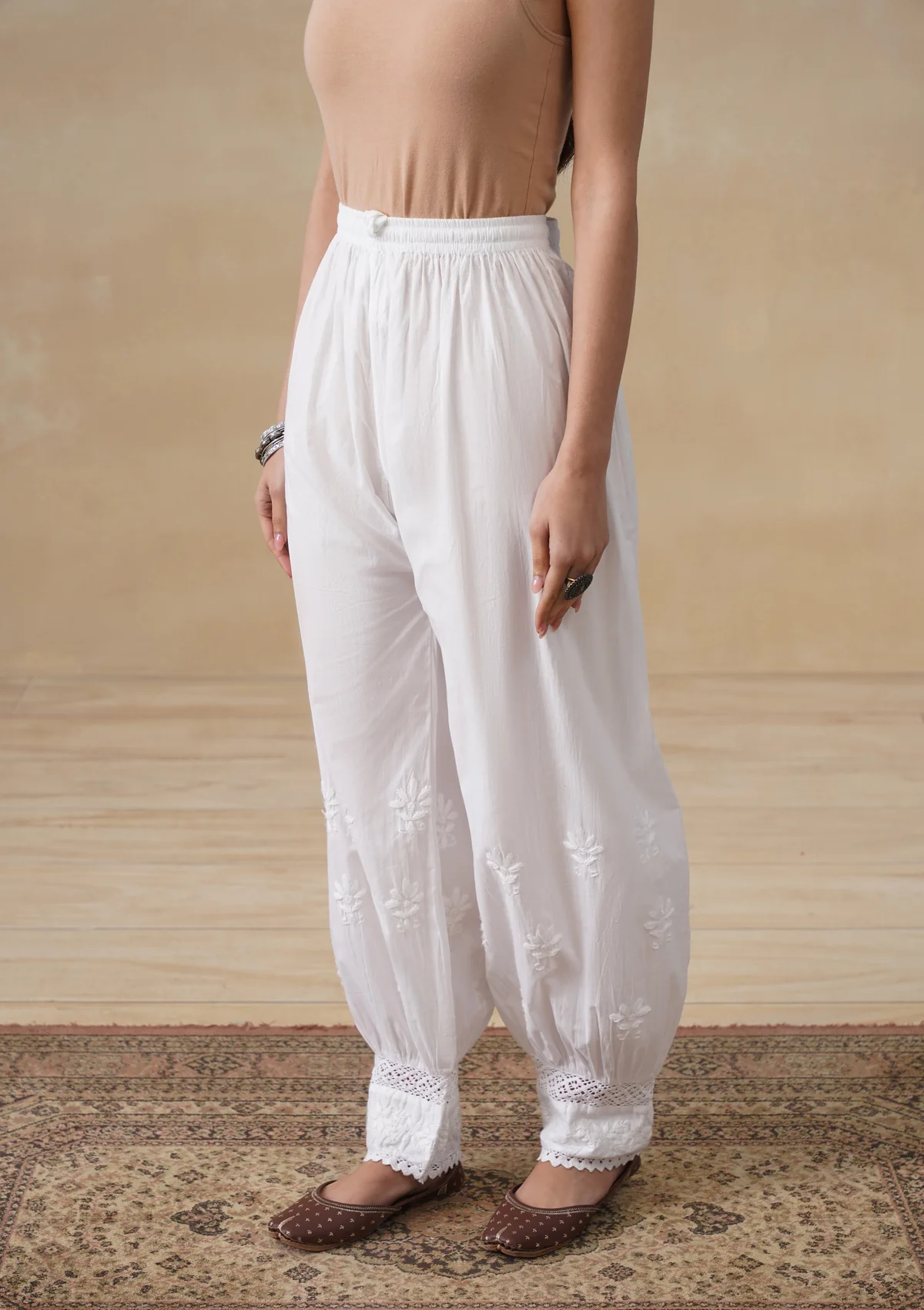 HOC Cotton Chikankari Solid Women's Afghani Pants - White - Image 5