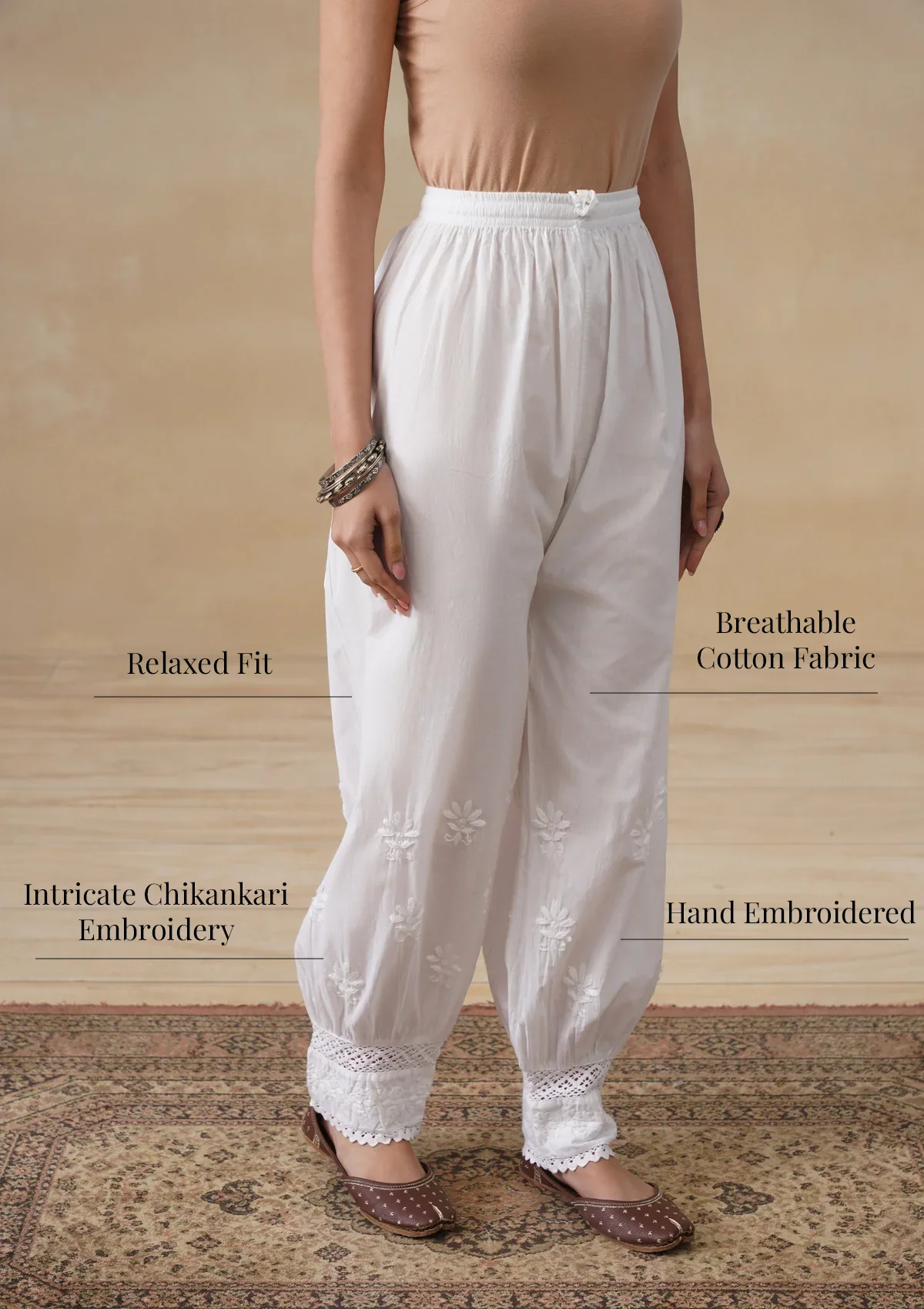 HOC Cotton Chikankari Solid Women's Afghani Pants - White - Image 6