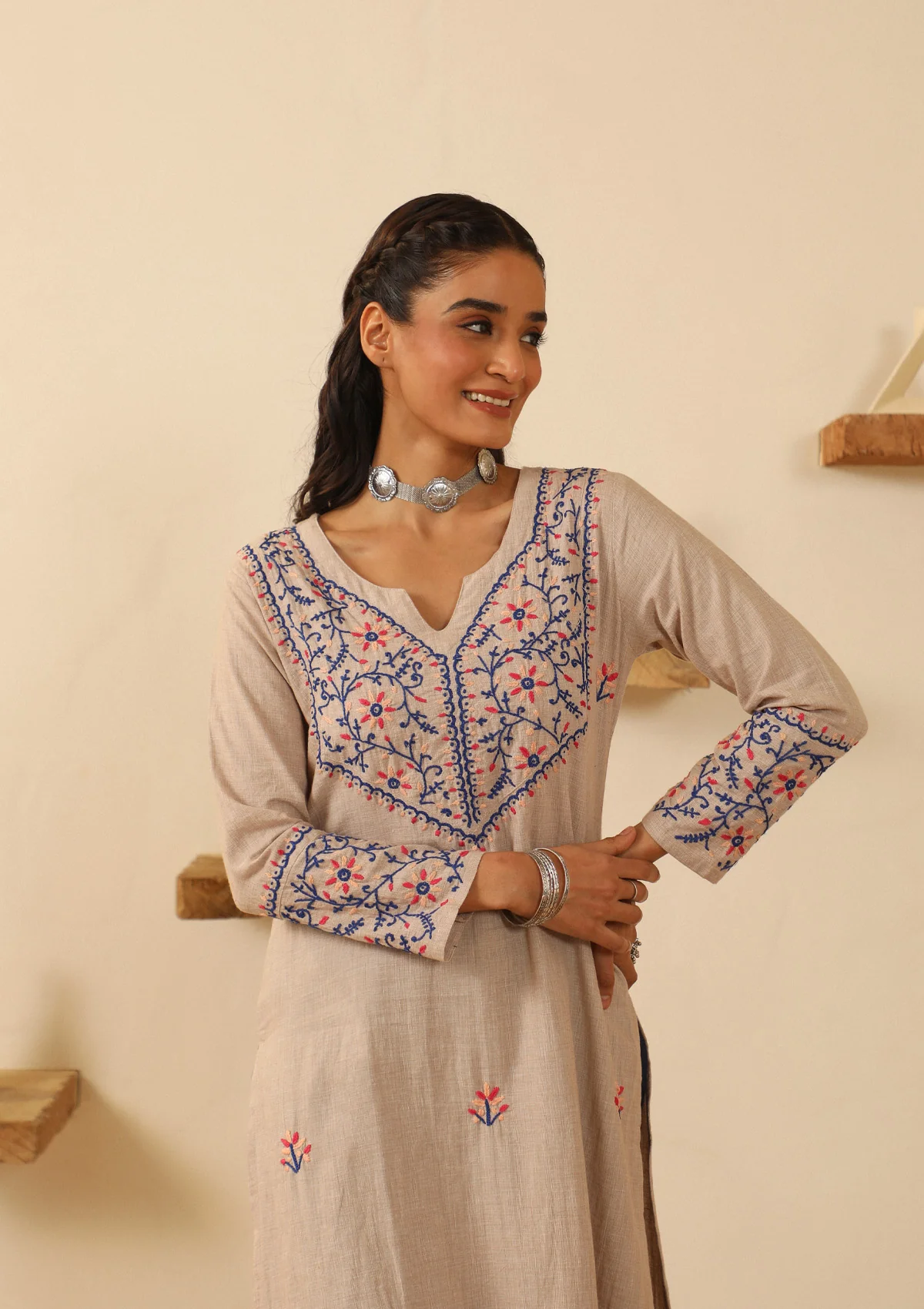 Cotton Chikankari Solid Women's Long Kurta - Beige
