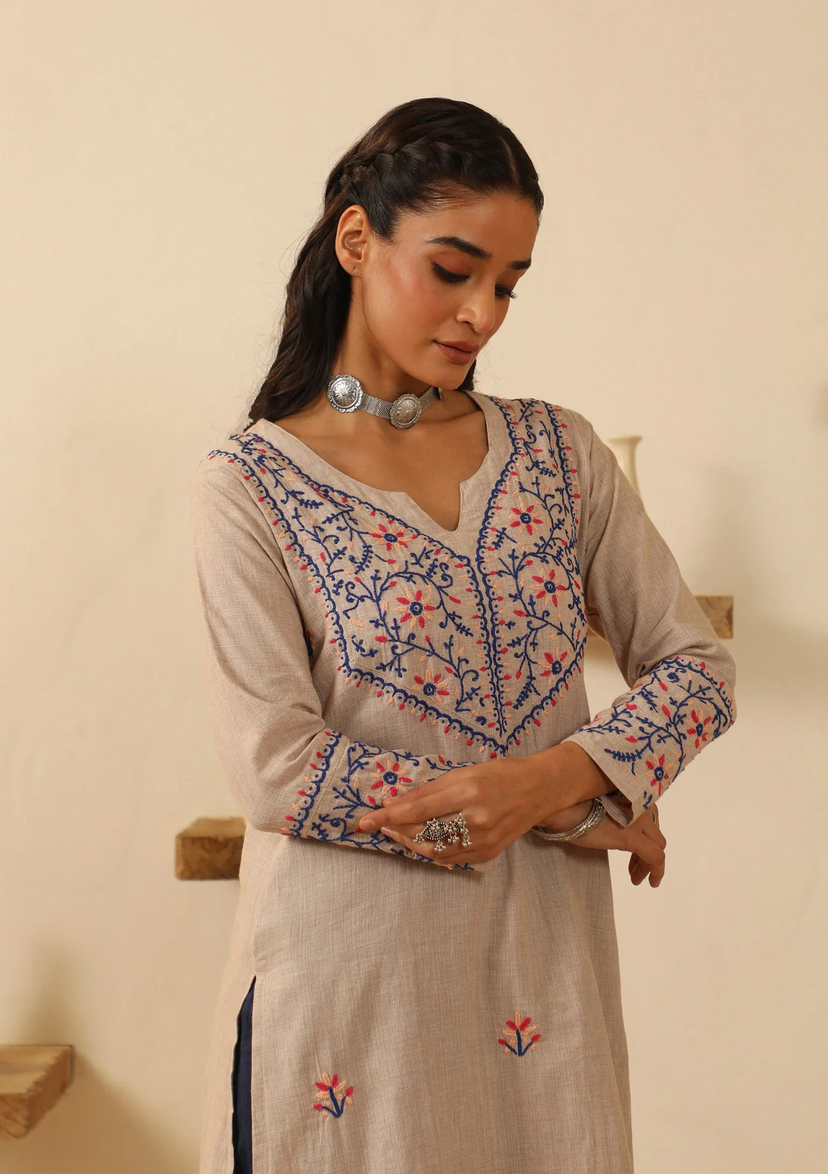 Cotton Chikankari Solid Women's Long Kurta - Beige - Image 5