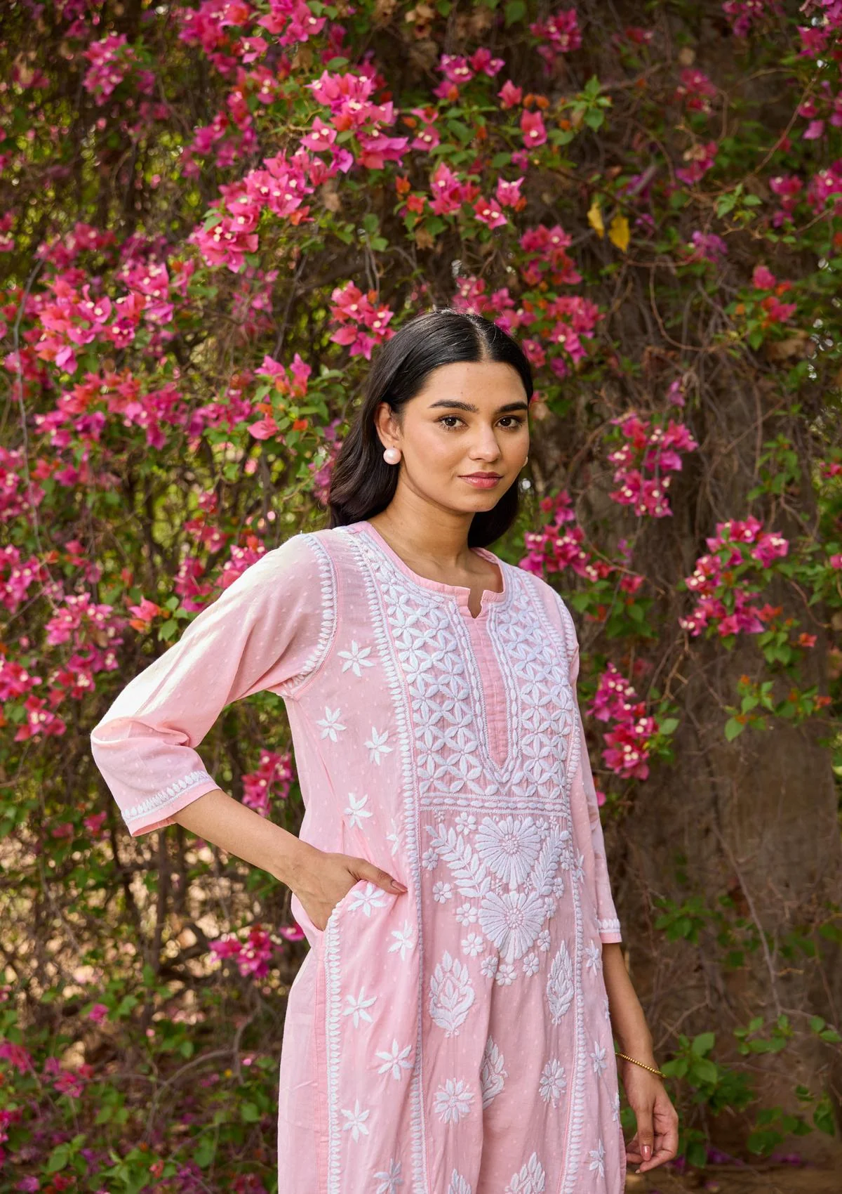 Cotton Dobby Chikankari Solid Women's Long Kurta - Peach - Image 2