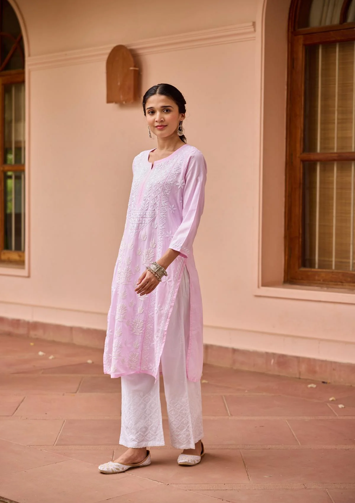 Cotton Chikankari Solid Women's Long Kurta - Pink - Image 3