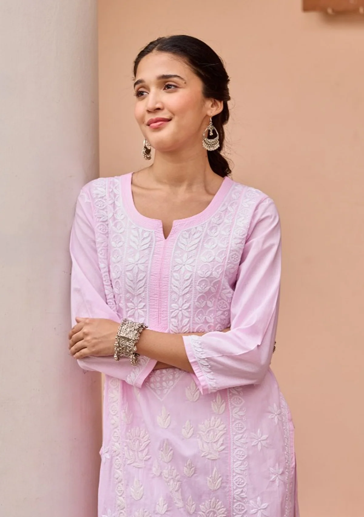 Cotton Chikankari Solid Women's Long Kurta - Pink - Image 4
