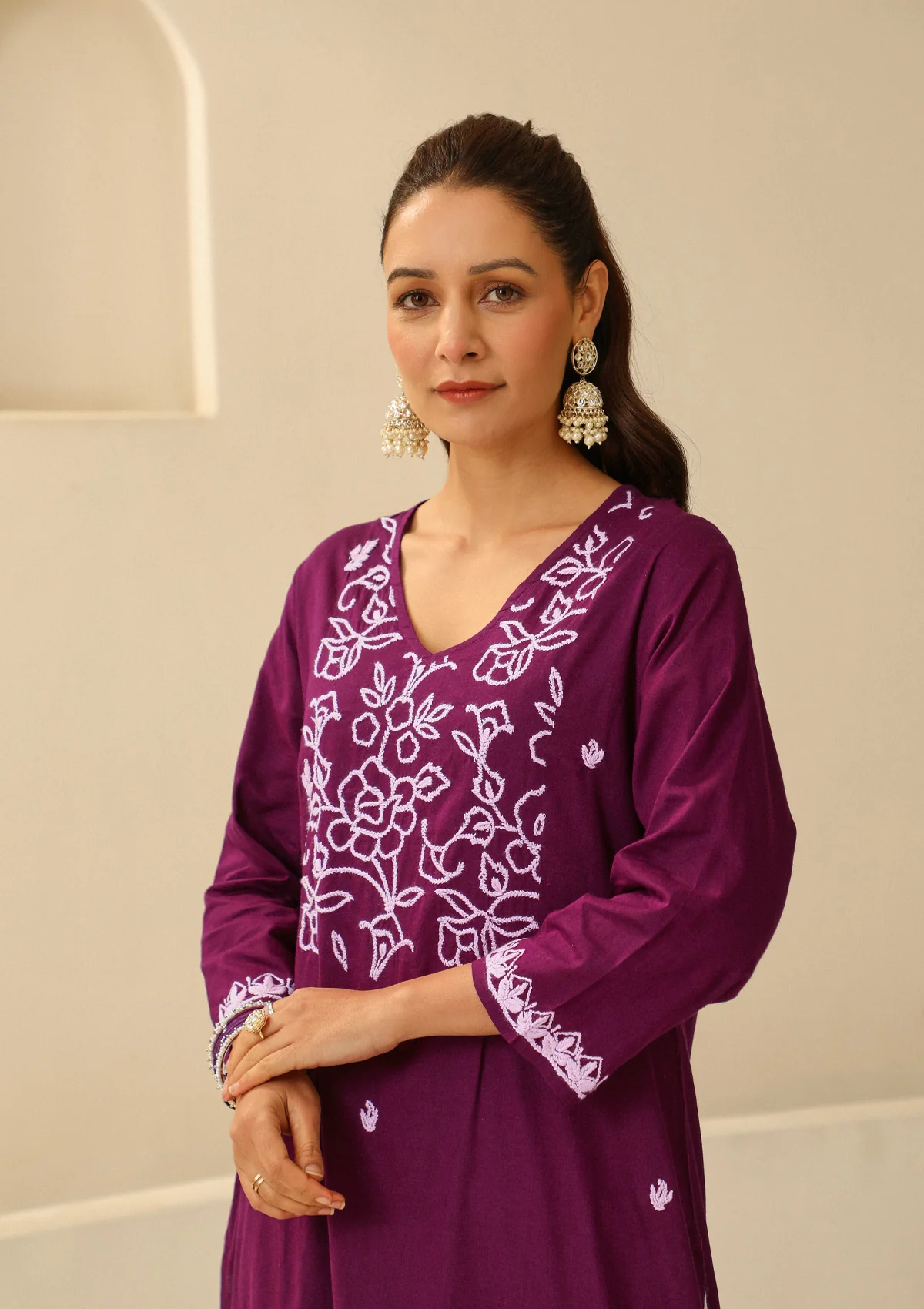 Cotton Chikankari Solid Women's long kurta - Purple - Image 2