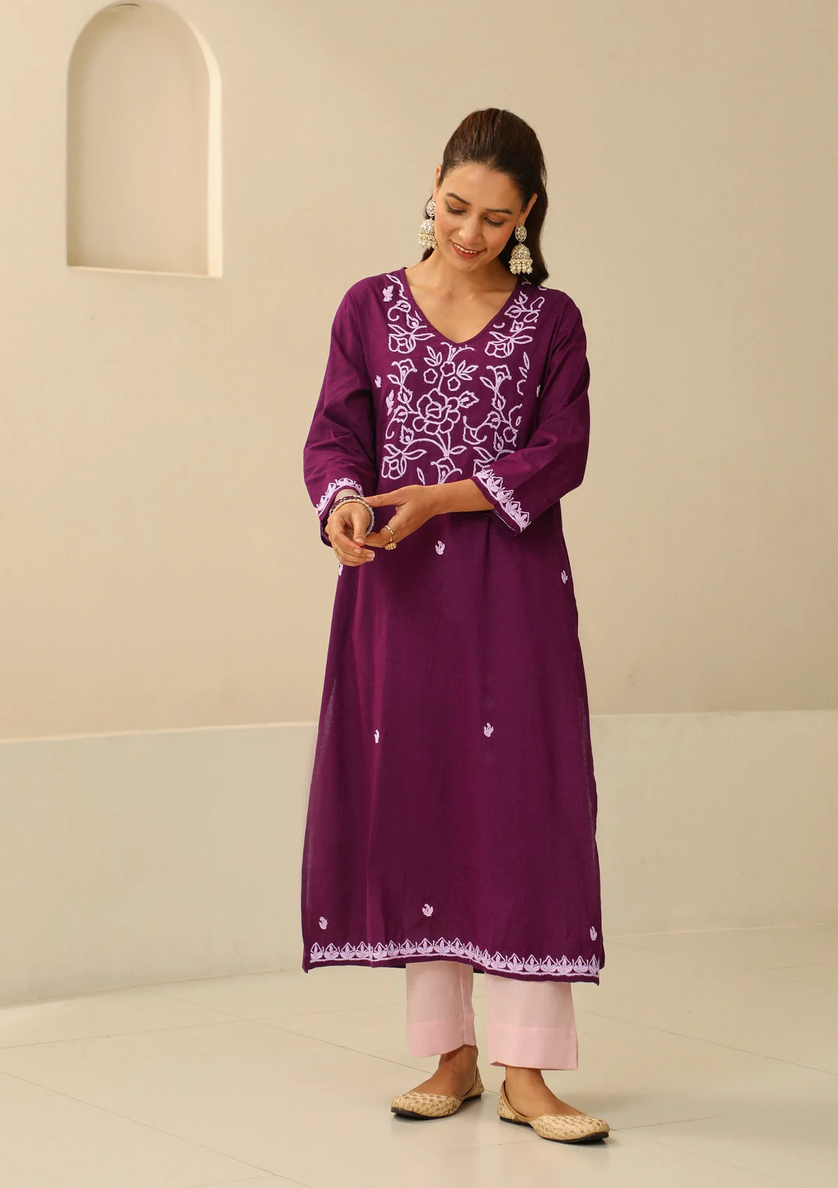 Cotton Chikankari Solid Women's long kurta - Purple - Image 3