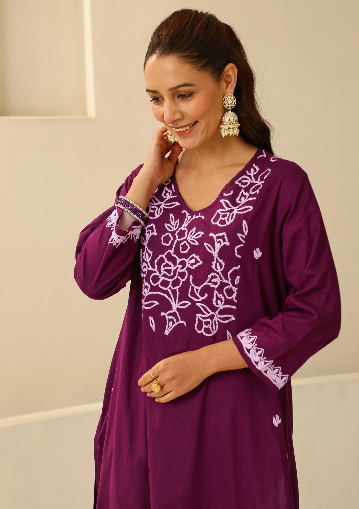 Cotton Chikankari Solid Women's long kurta - Purple - Image 4