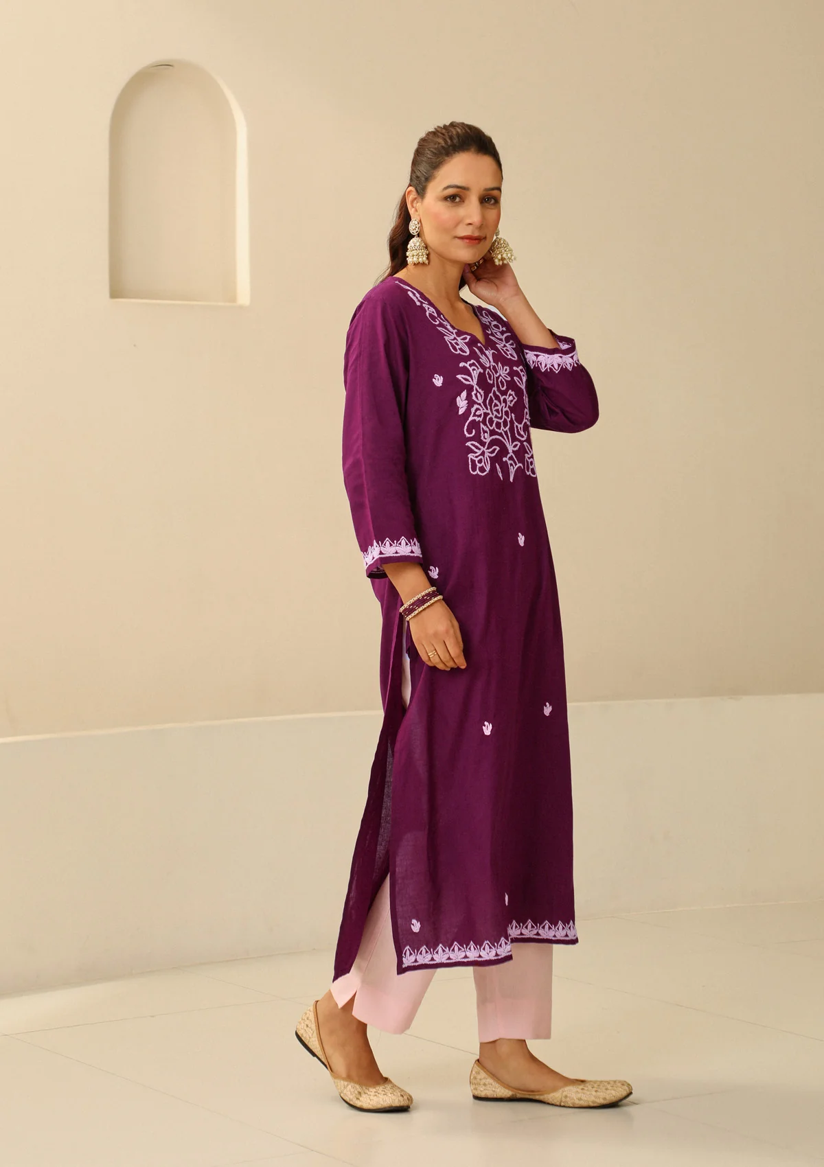 Cotton Chikankari Solid Women's long kurta - Purple - Image 5