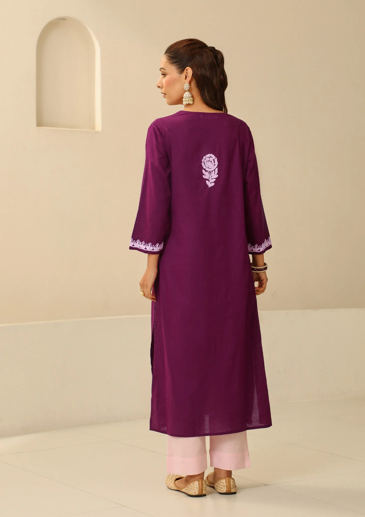 Cotton Chikankari Solid Women's long kurta - Purple - Image 6