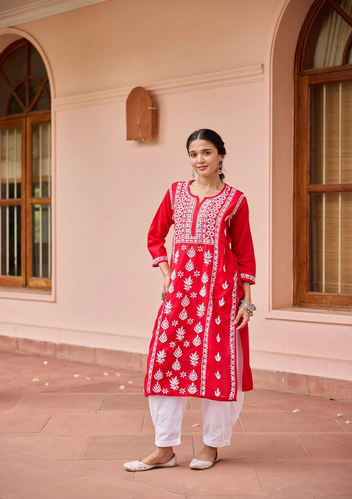 HOC Cotton Chikankari Solid Women's Long Kurta - Red - Image 3
