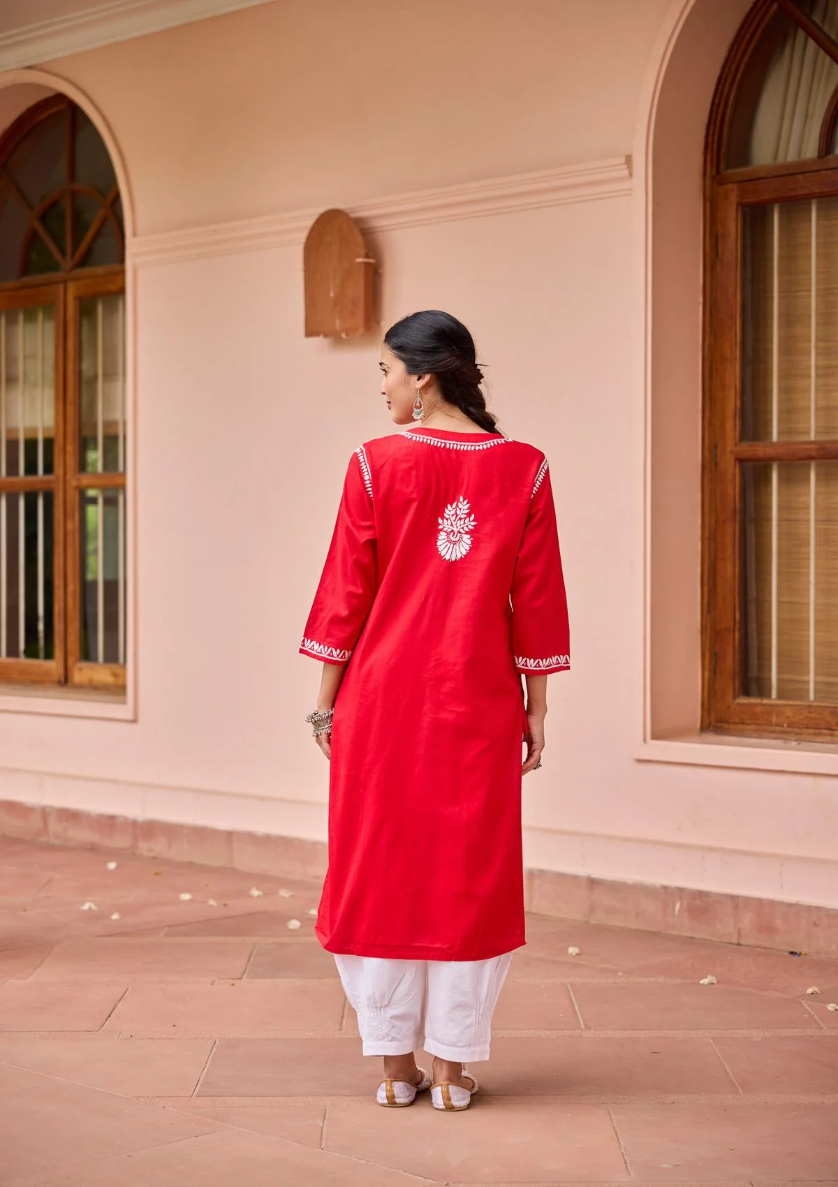 HOC Cotton Chikankari Solid Women's Long Kurta - Red - Image 5