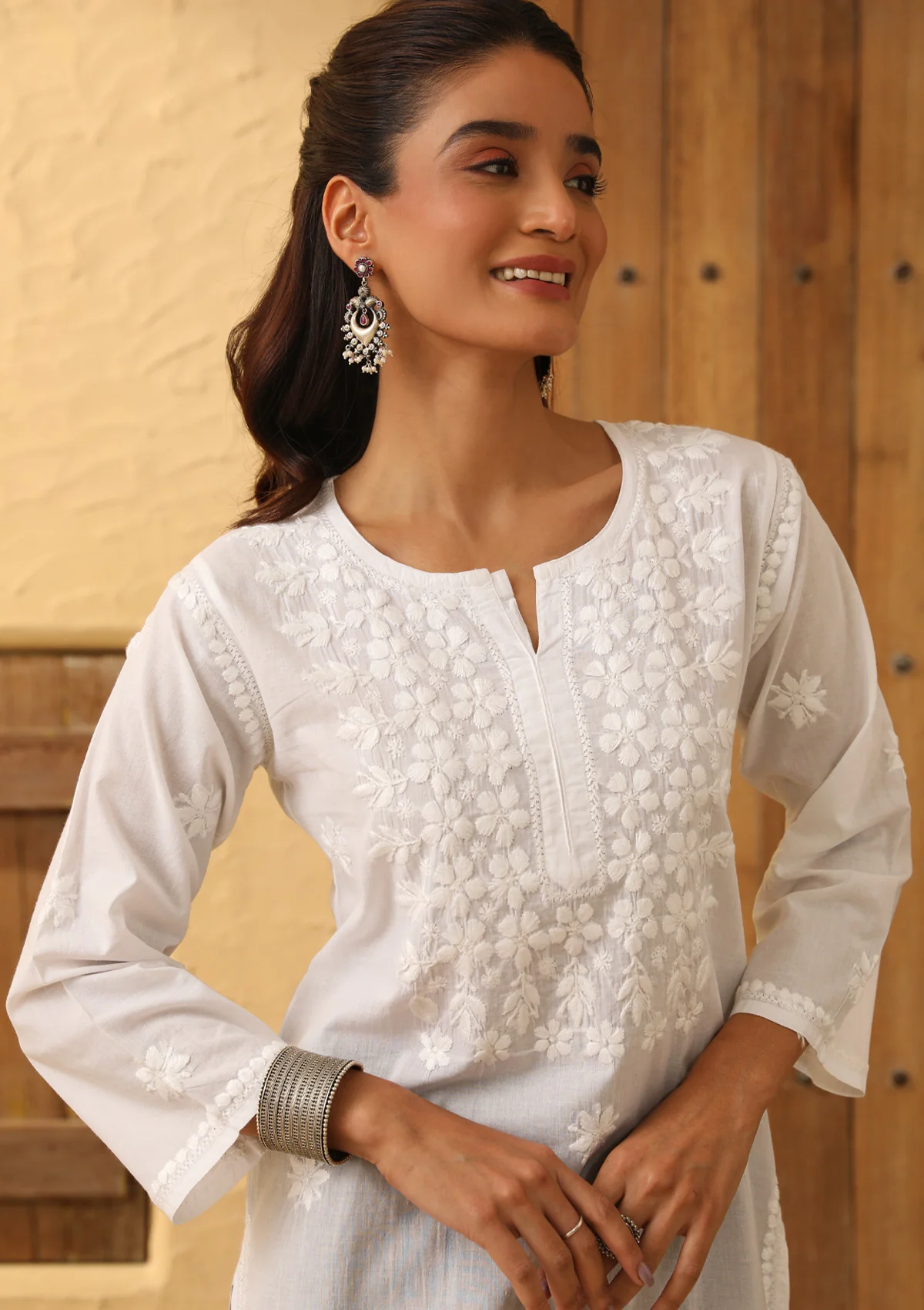 HOC Cotton Chikankari Solid Women's Long Kurta - White - Image 2