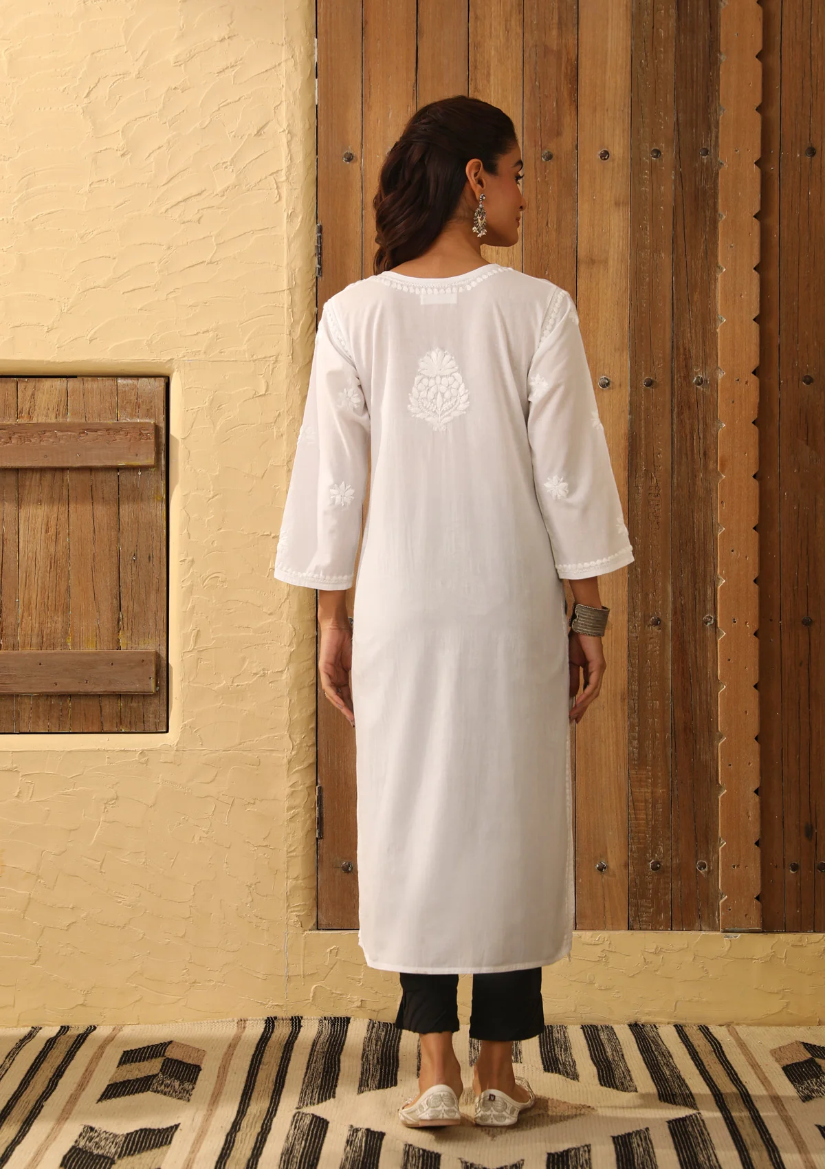 HOC Cotton Chikankari Solid Women's Long Kurta - White - Image 6