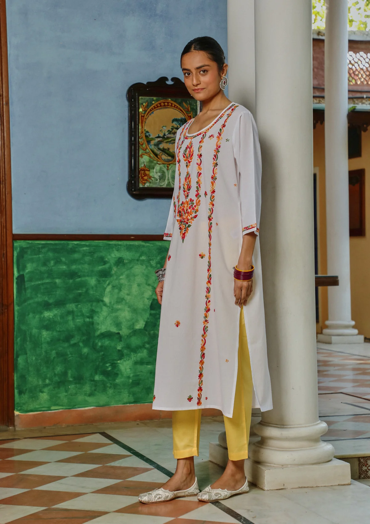 HOC Cotton Chikankari Solid Women's Long Kurta - White - Image 3