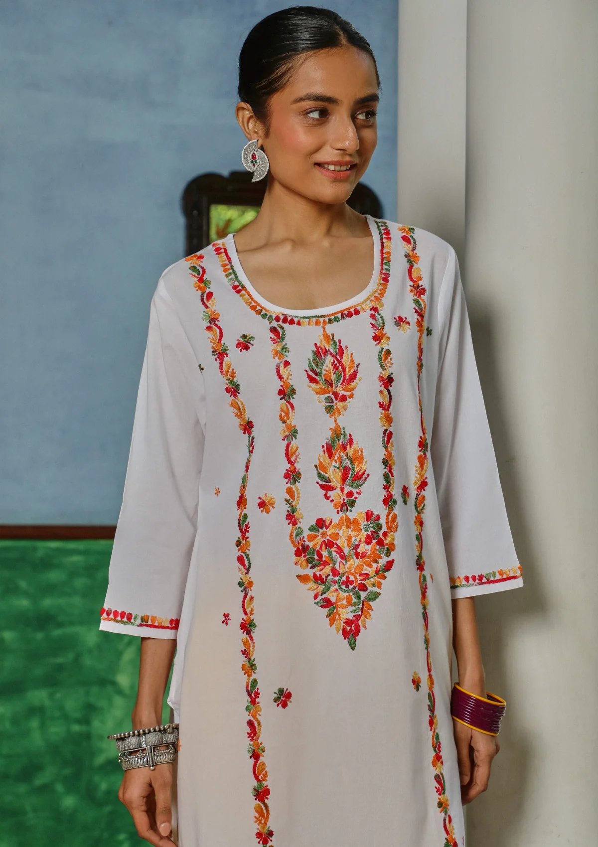 HOC Cotton Chikankari Solid Women's Long Kurta - White - Image 4