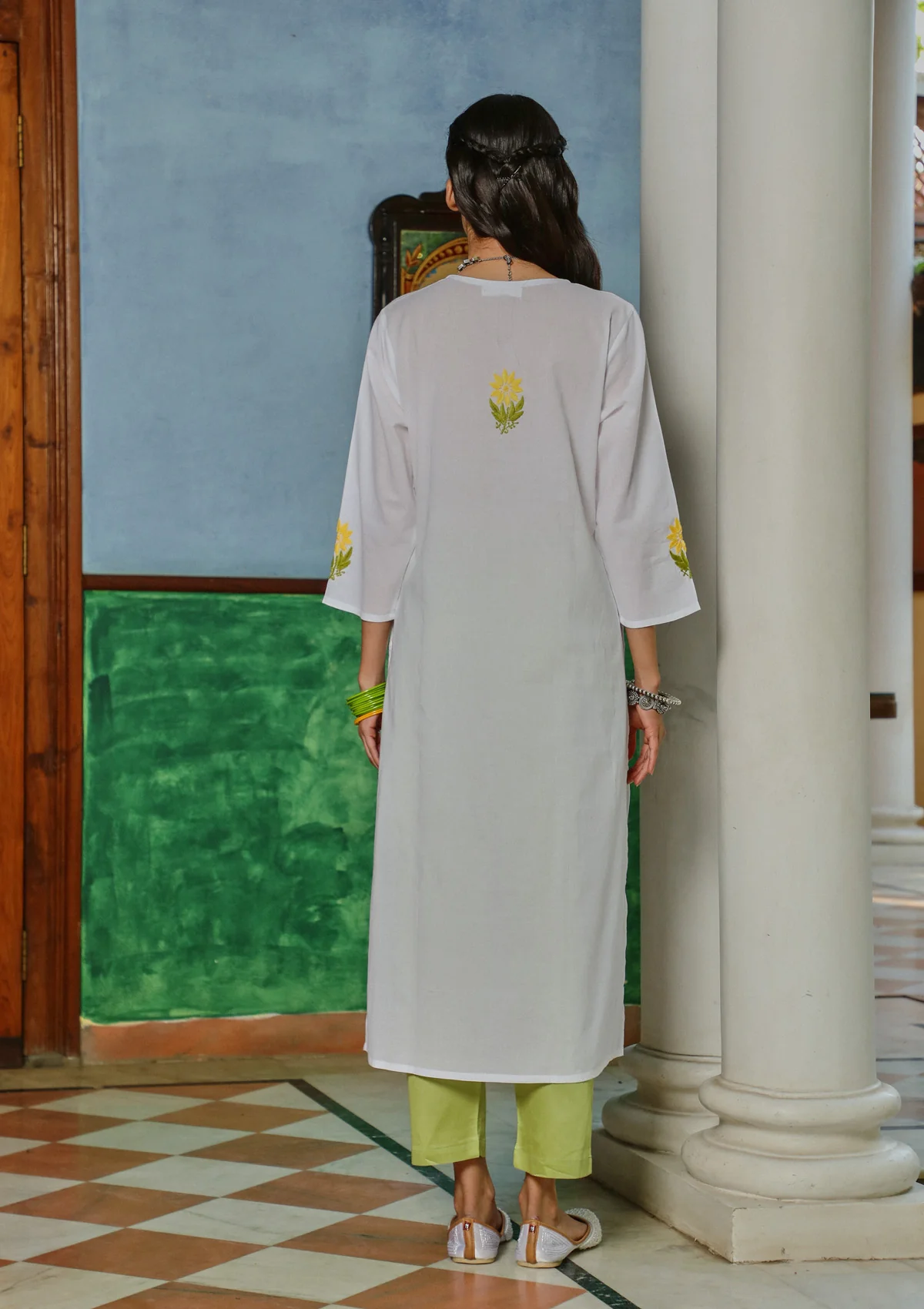 HOC Cotton Chikankari Solid Women's Long Kurta - White - Image 5