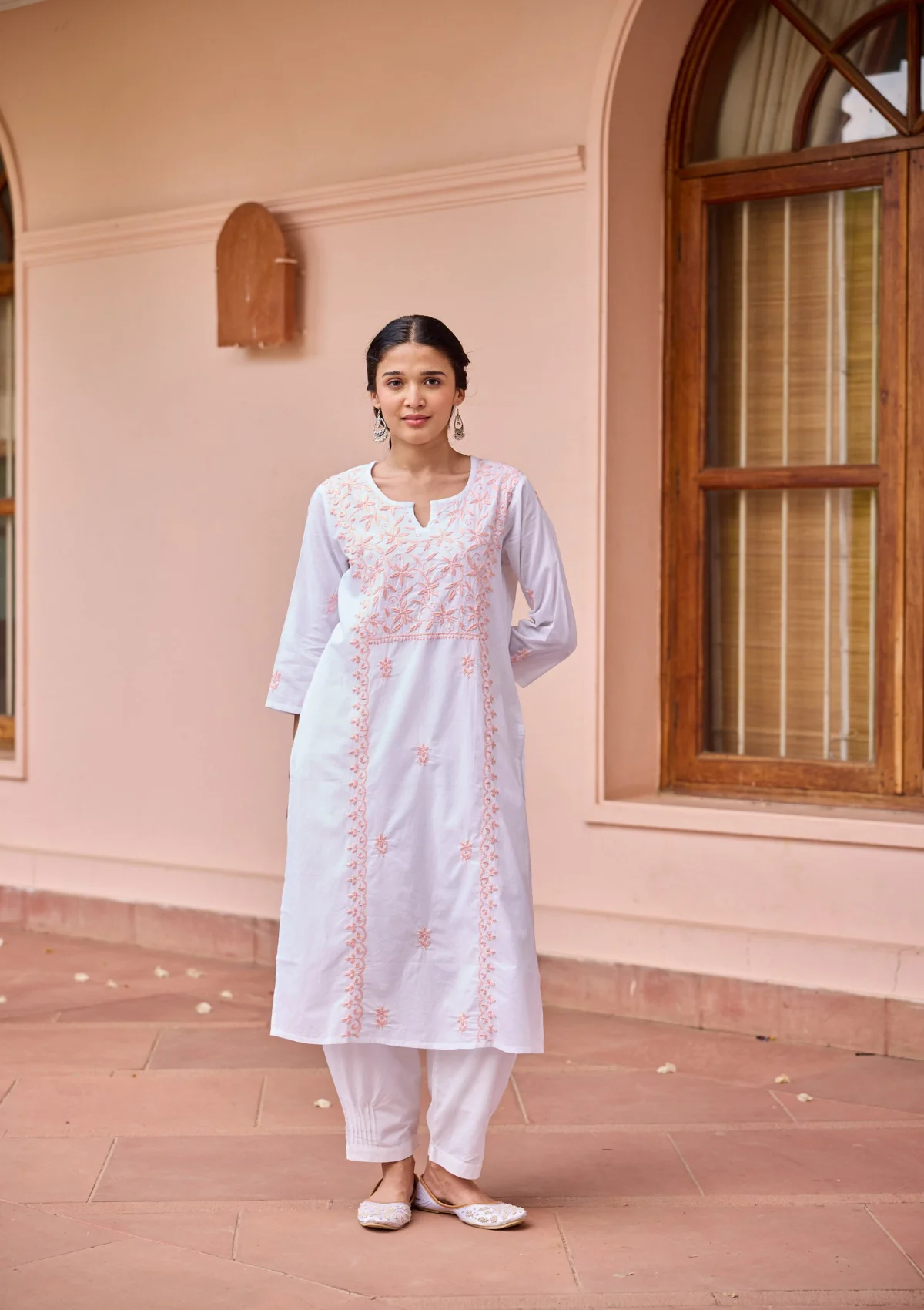 HOC Cotton Chikankari Solid Women's Long Kurta - White