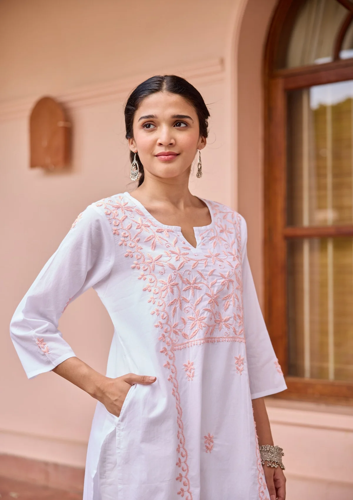 HOC Cotton Chikankari Solid Women's Long Kurta - White - Image 2