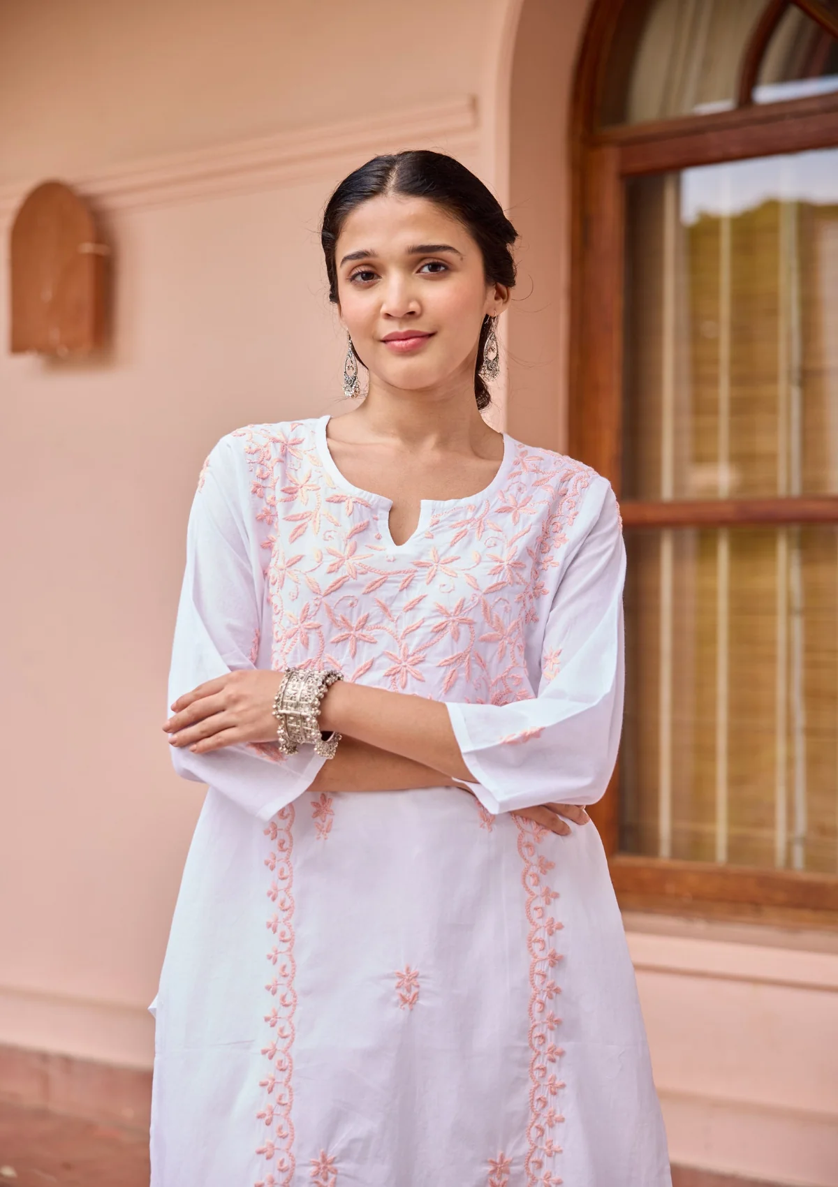 HOC Cotton Chikankari Solid Women's Long Kurta - White - Image 4