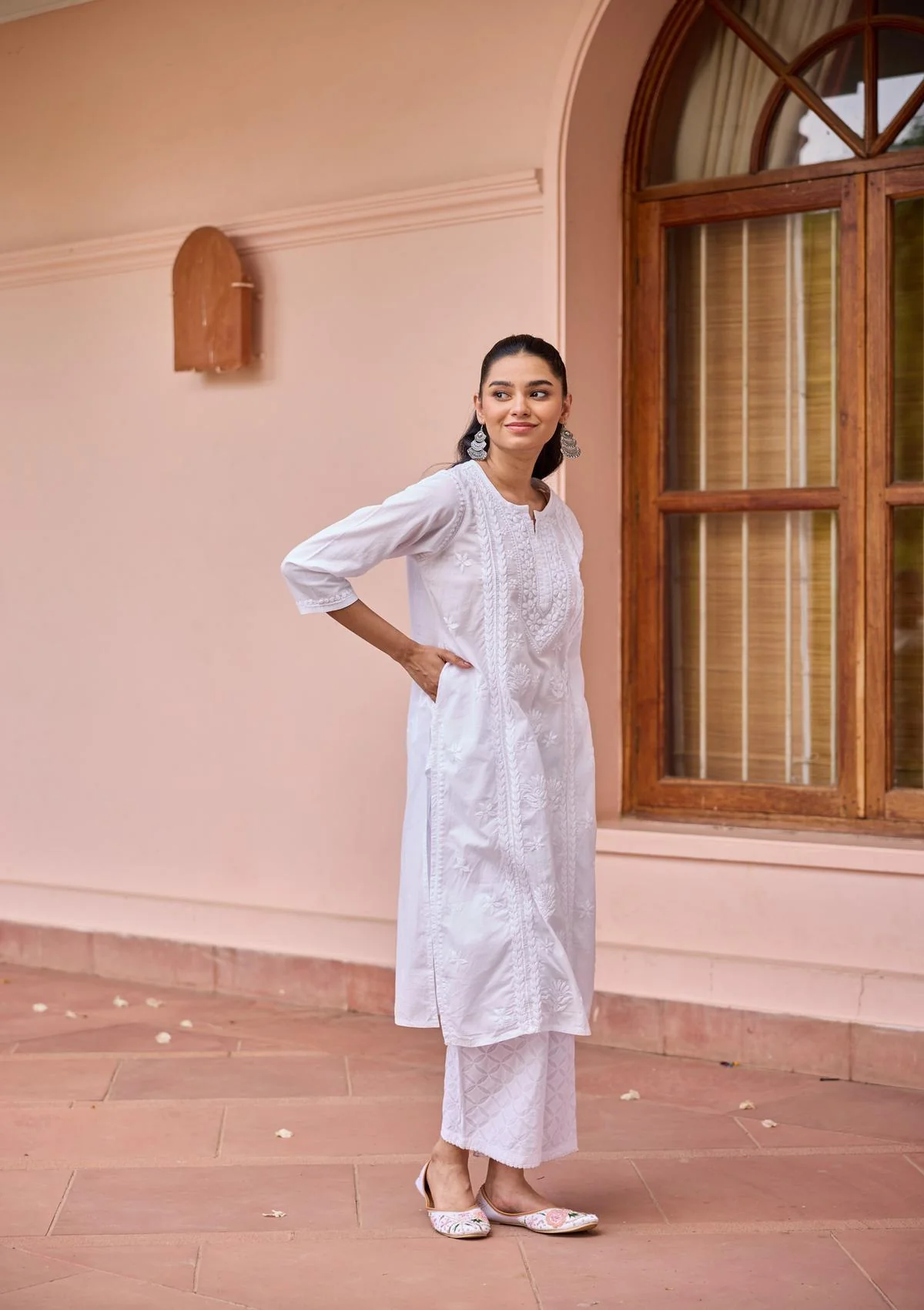 HOC Cotton Chikankari Solid Women's Long Kurta - White - Image 3