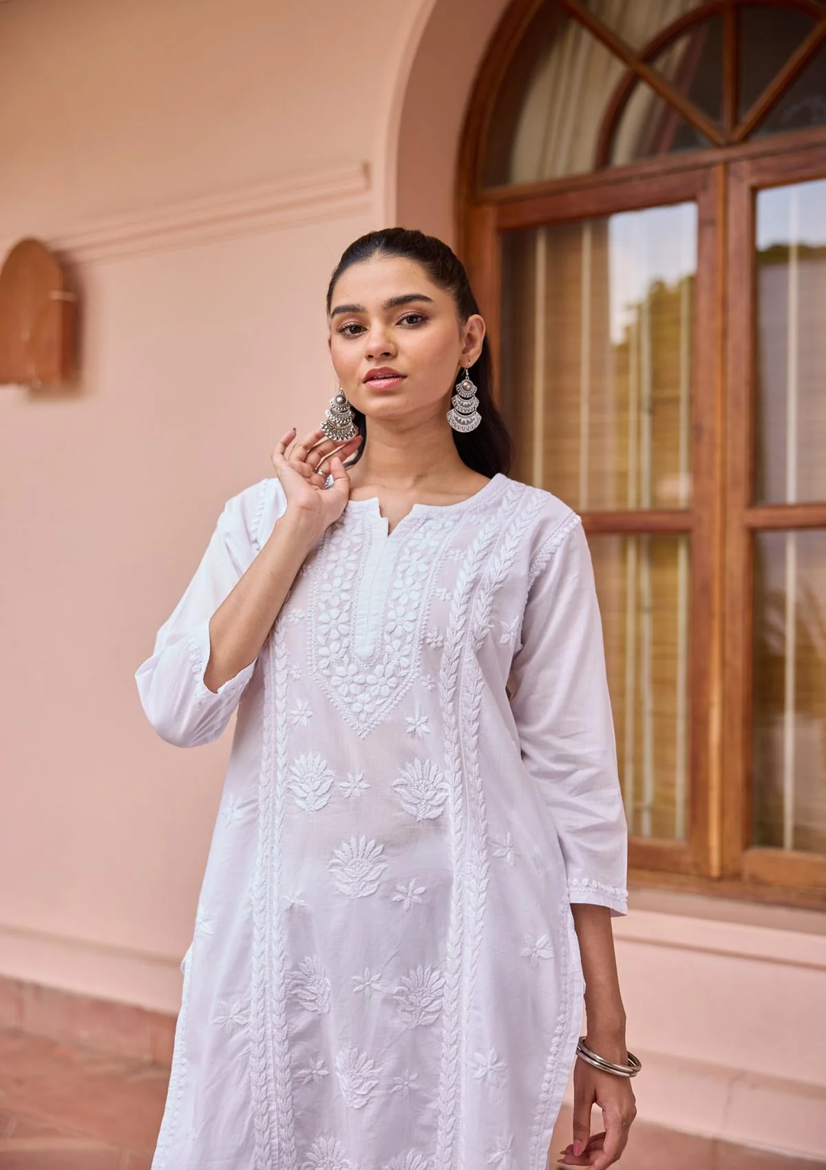 HOC Cotton Chikankari Solid Women's Long Kurta - White - Image 4