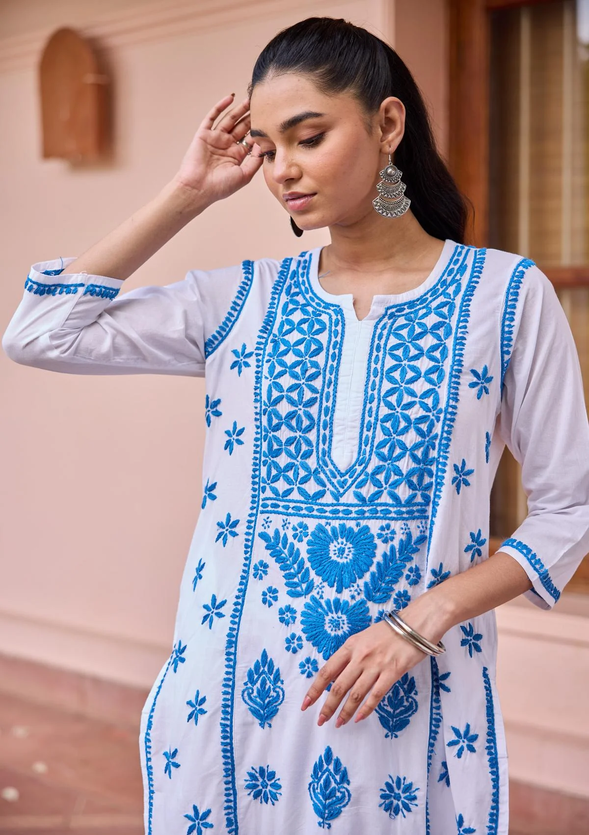 HOC Cotton Chikankari Solid Women's Long Kurta - White - Image 2