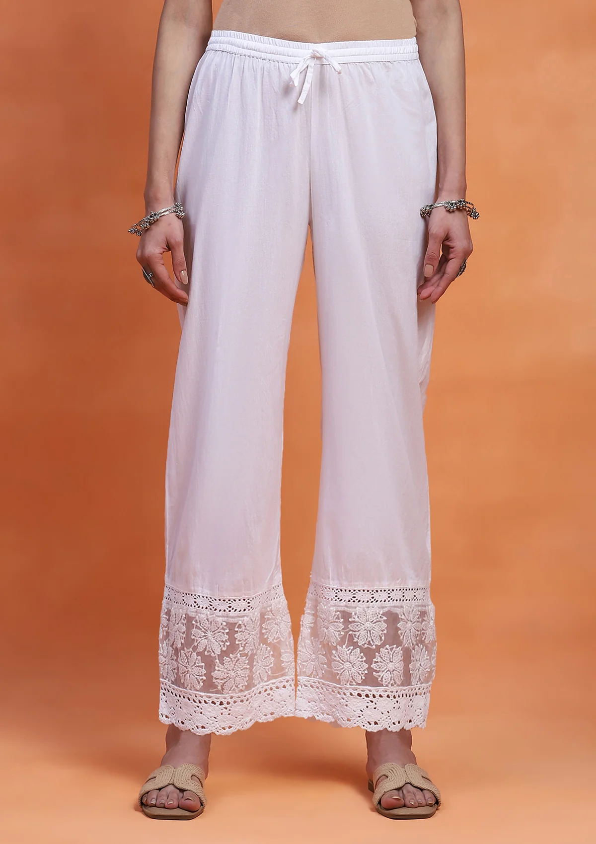 HOC Cotton Chikankari Solid Women's Palazzo - White - Image 3