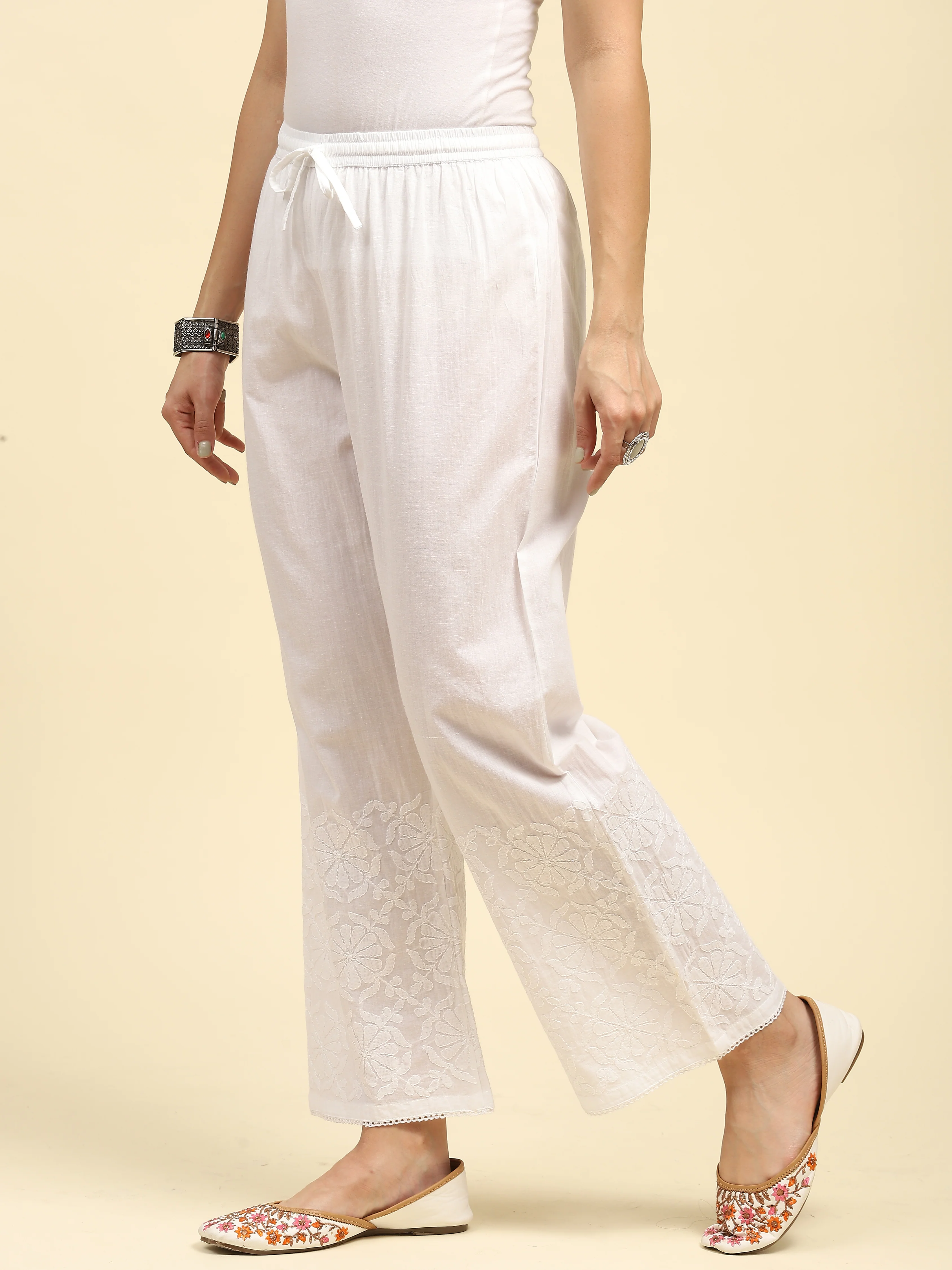 HOC Cotton Chikankari Solid Women's Palazzo - White - Image 3