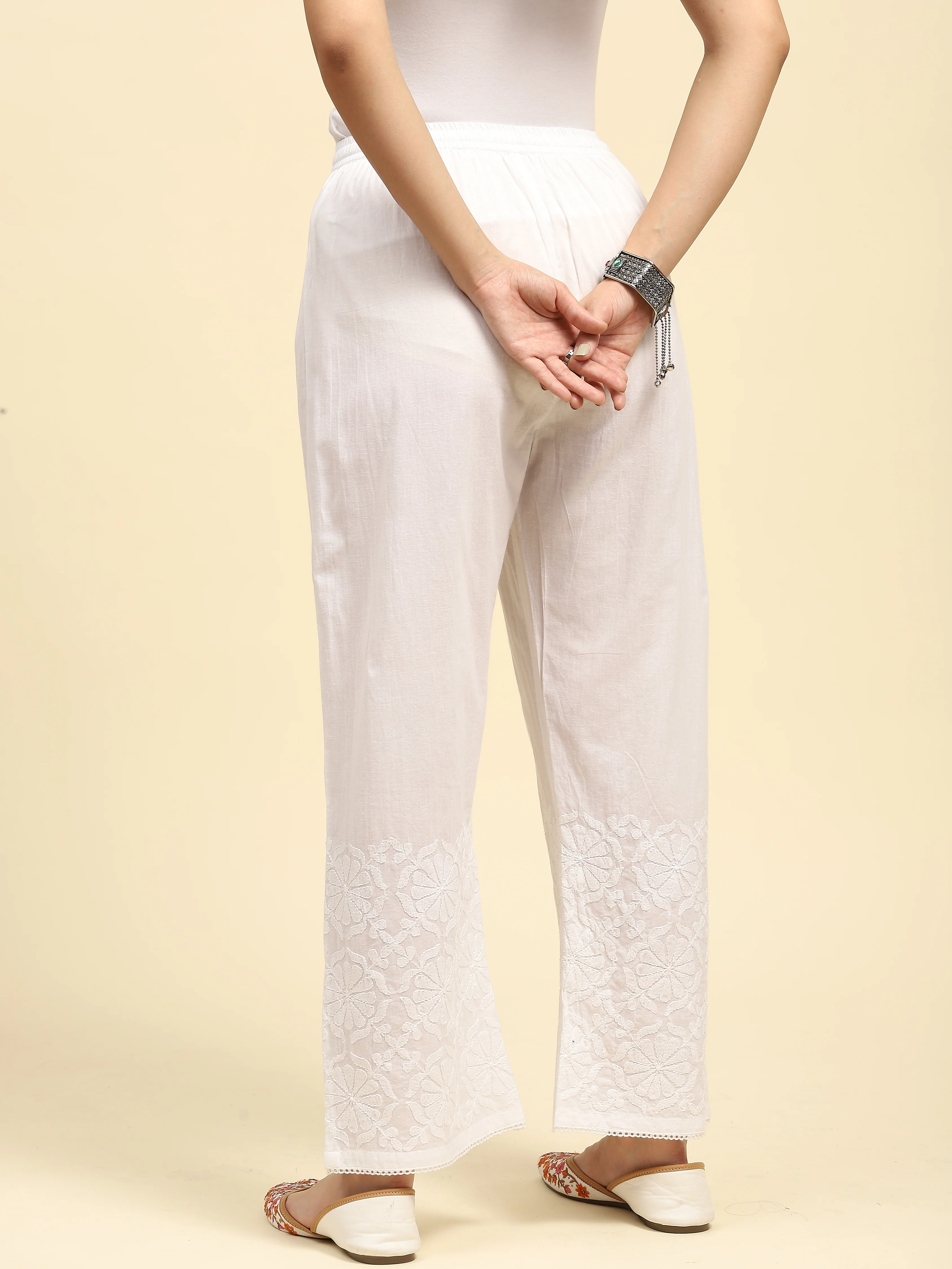 HOC Cotton Chikankari Solid Women's Palazzo - White - Image 4