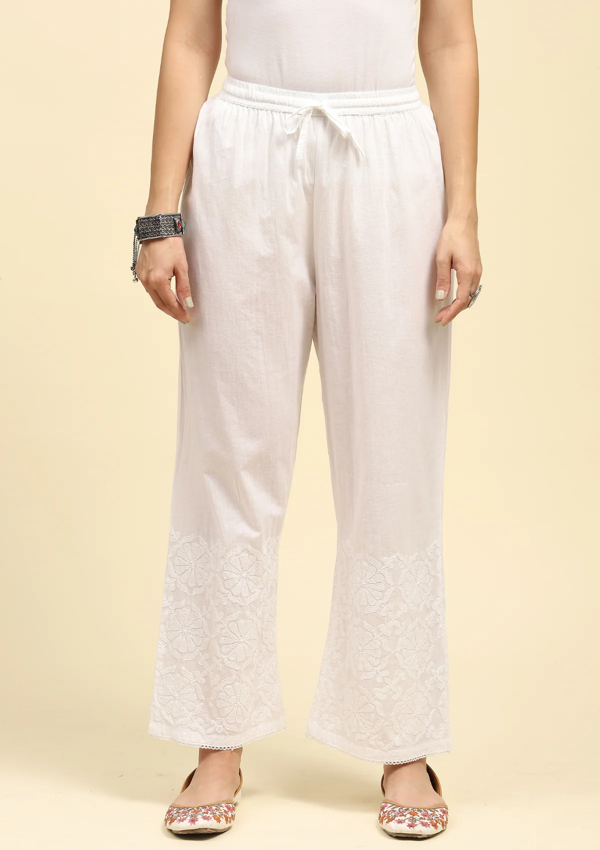 HOC Cotton Chikankari Solid Women's Palazzo - White - Image 5